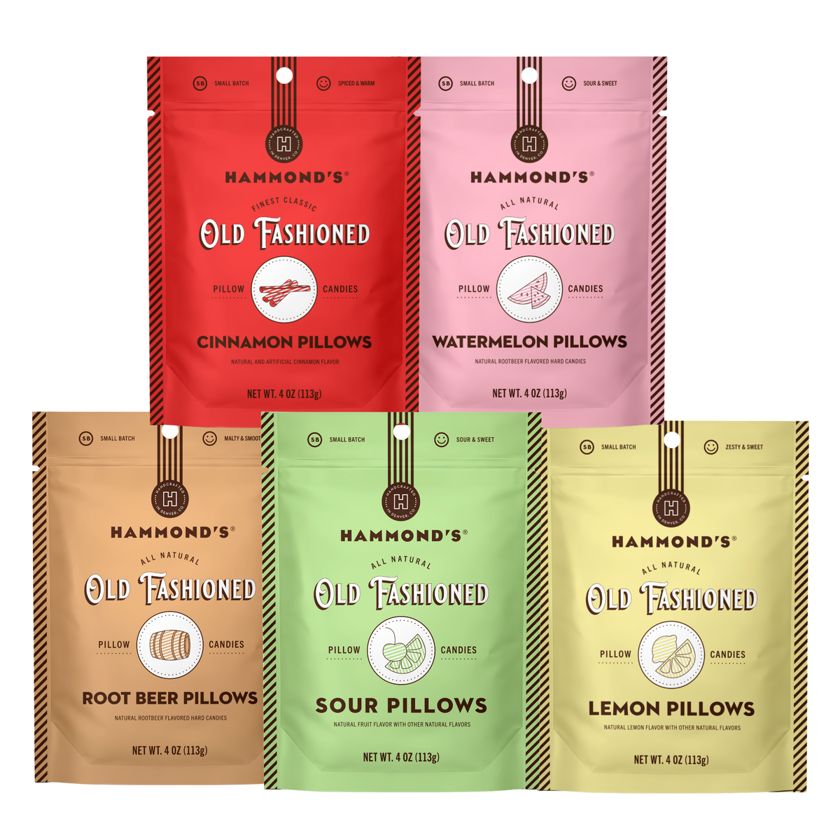 Six stand-up candy pouches from Hammond's Old Fashioned Pillow Candies arranged in two rows on a white background. The top row includes red Cinnamon Pillows, pink Watermelon Pillows, and the bottom row includes tan Root Beer Pillows, light green Sour Pillows, and pale yellow Lemon Pillows.