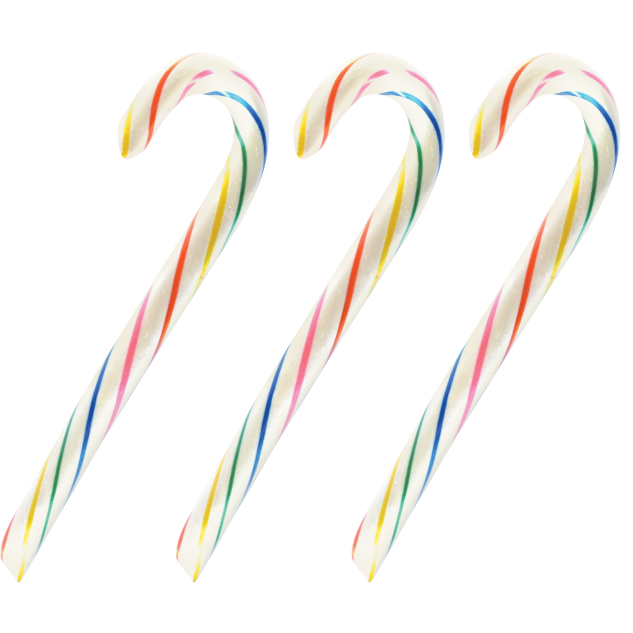 A set of three multicolored striped candy canes, each individually wrapped.