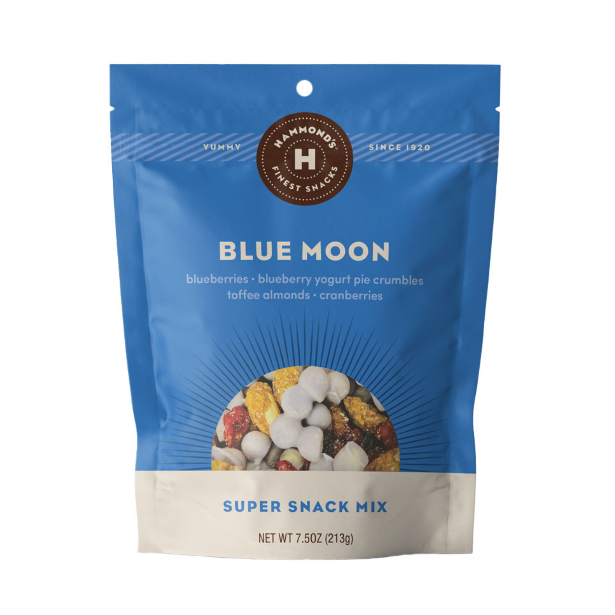 A package of Blue Moon snack mix by Hammond's showing various snack components like blueberries, almonds, and cranberries against a blue background.