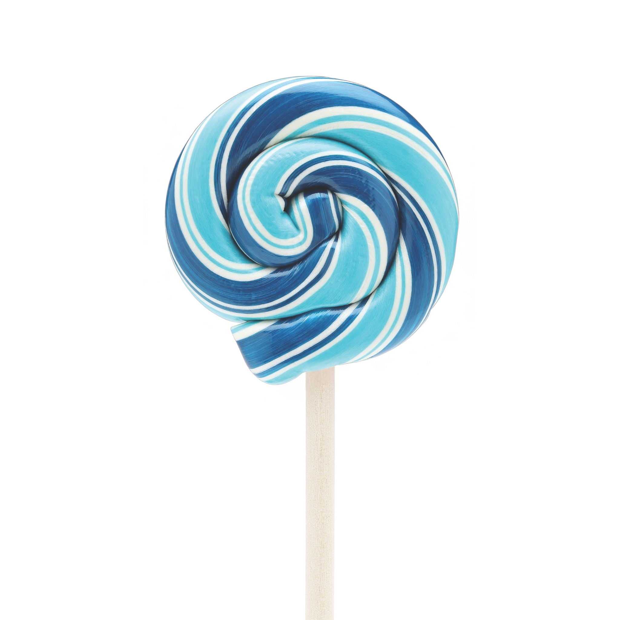 A swirled blue raspberry lollipop with a wooden stick, predominantly light to dark blue in color.