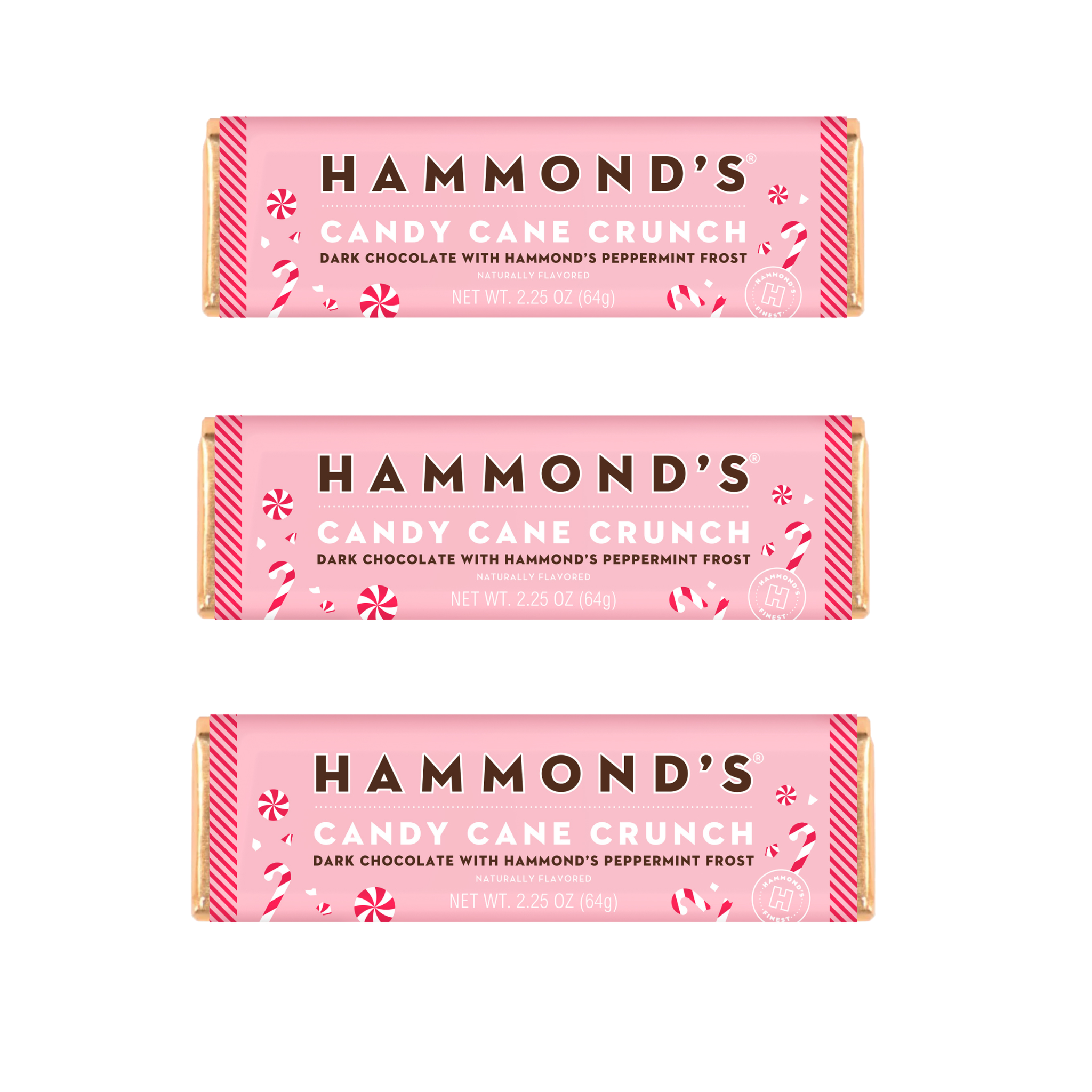 Three bars of Hammond's Candy Cane Crunch dark chocolate with peppermint frost, individually wrapped in pink packaging with candy cane illustrations, arranged vertically on a white background.