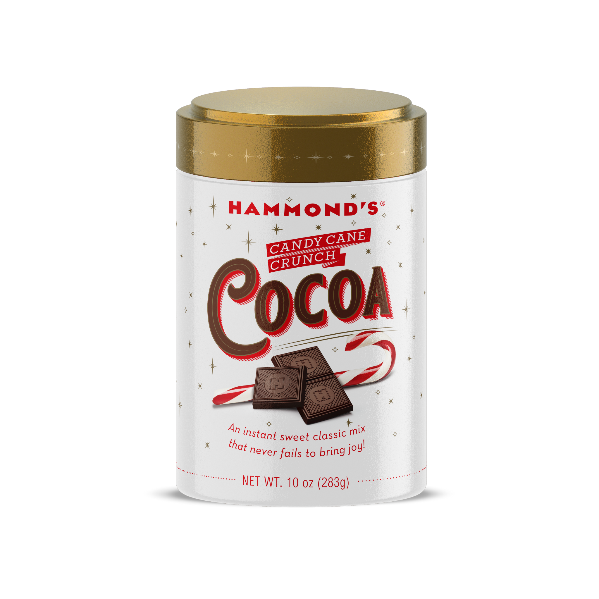 A container of Hammond's Candy Cane Crunch Cocoa mix with candy cane pieces visible on the label.