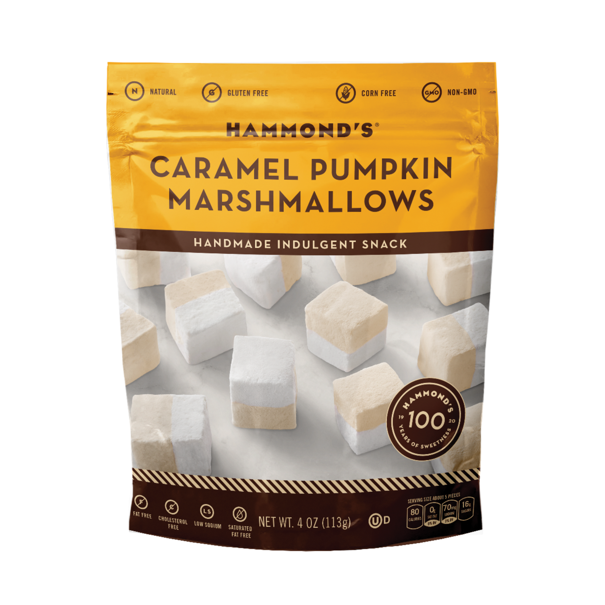 A package of Hammond's Caramel Pumpkin Marshmallows. The packaging is predominantly yellow with images of the marshmallows visible through a clear window.
