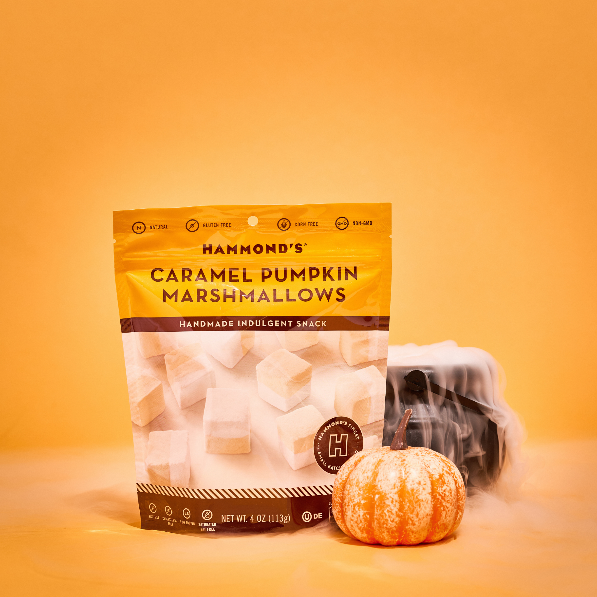 Caramel Pumpkin marshmallows with pumpkin and smoking cauldron