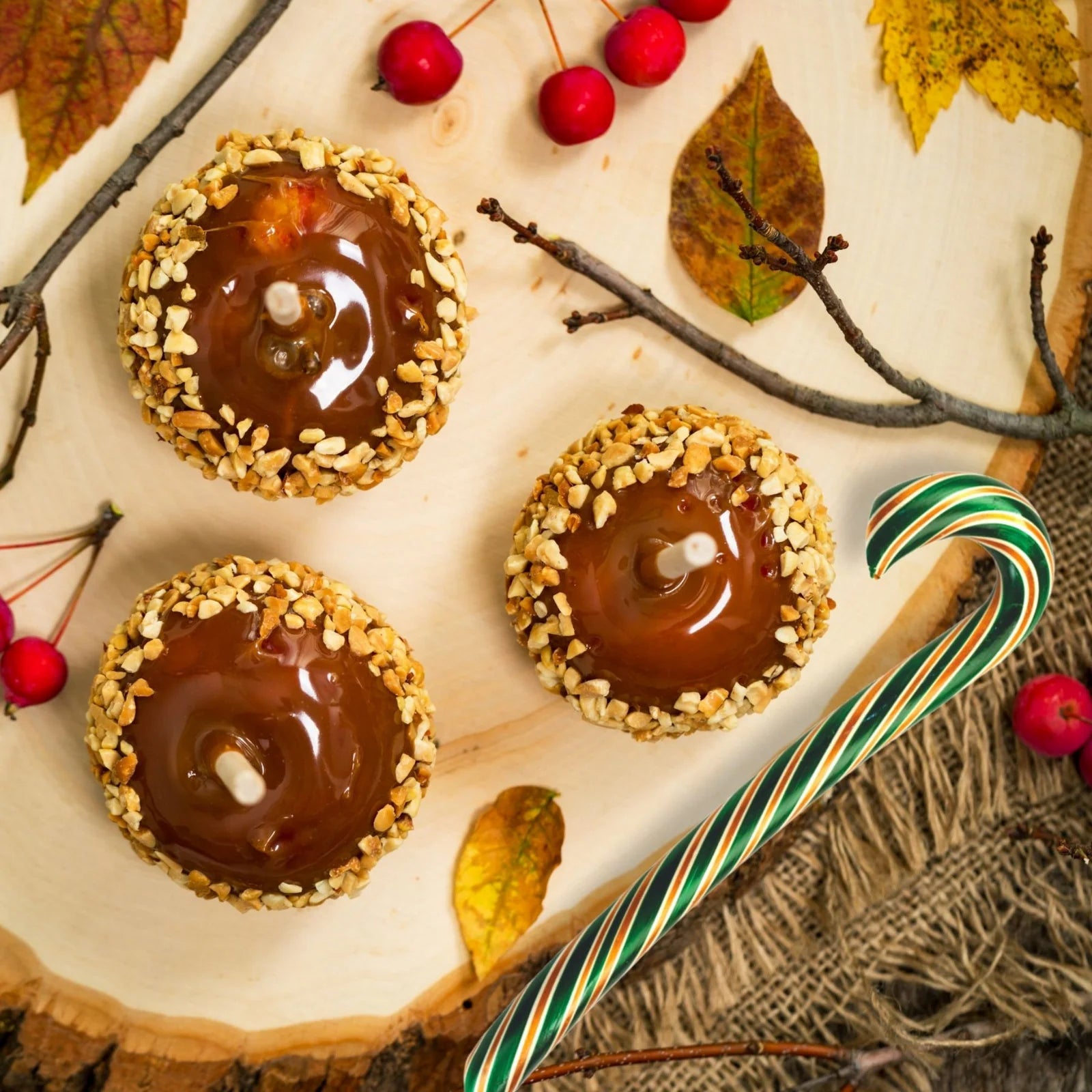 Three round treats with chocolate glaze on a wooden surface with berries and a candy cane.