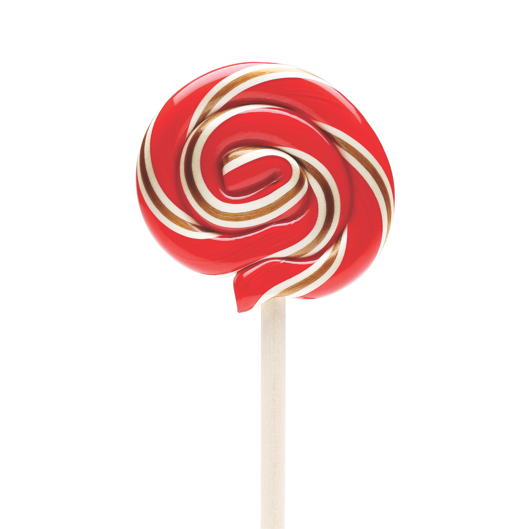 A red cherry cola lollipop with white and brown swirls on a stick.