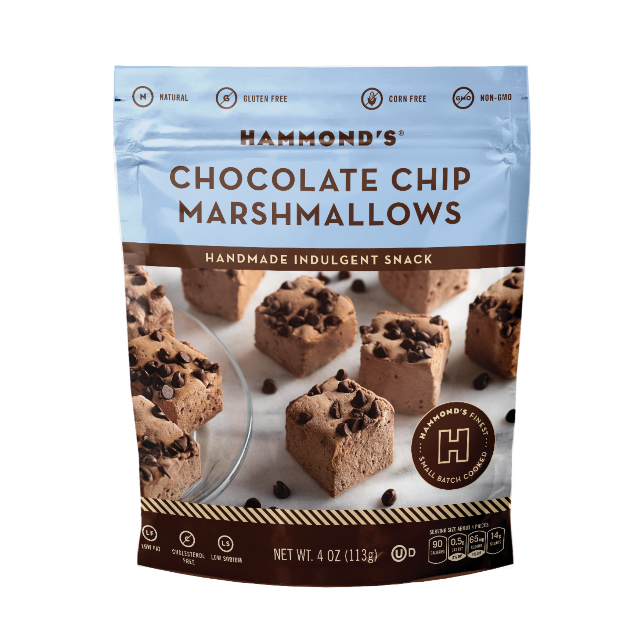 A package of Hammond's Chocolate Chip Marshmallows. The packaging is predominantly blue and white, with images of the chocolate chip marshmallows visible through a clear window.