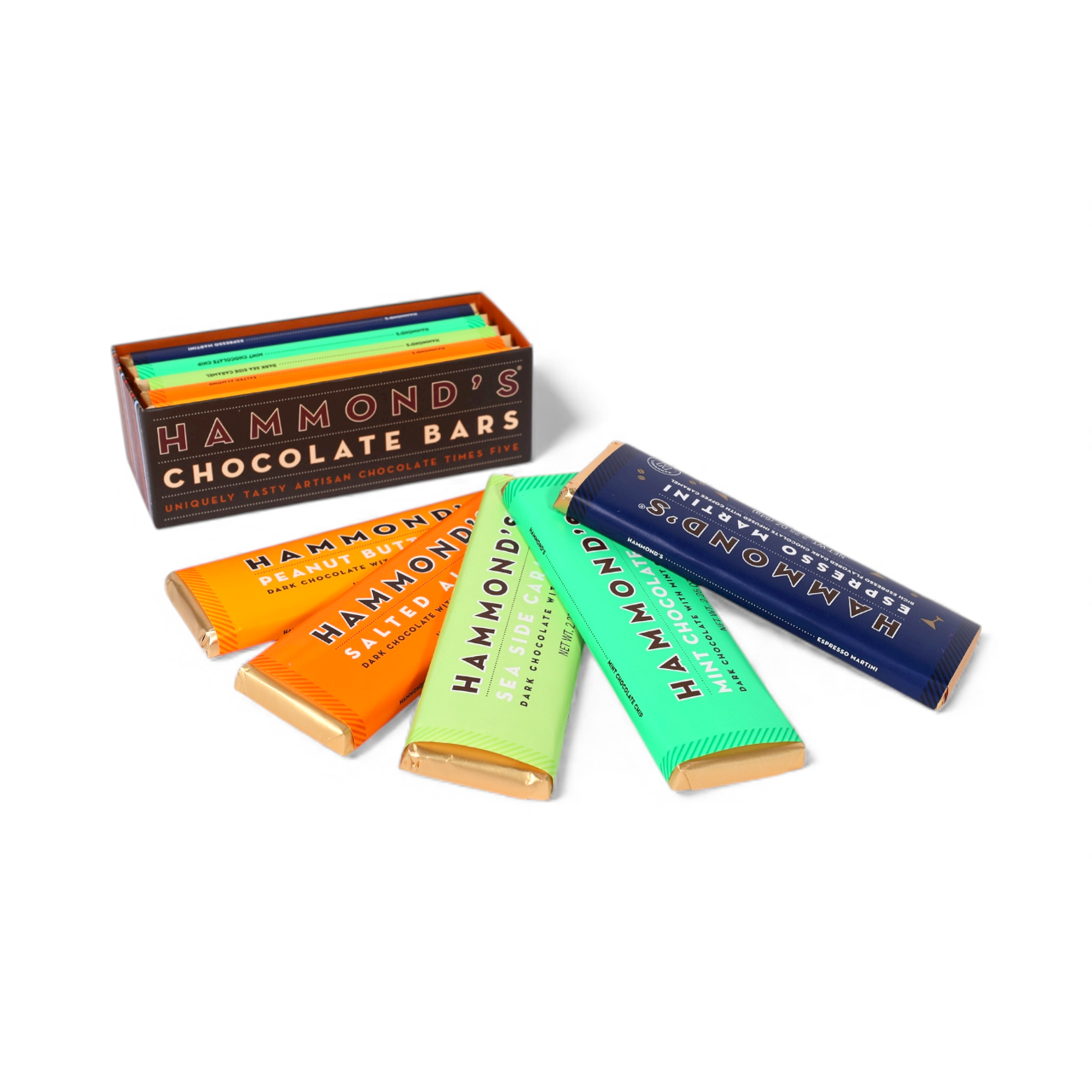 Hammond's chocolate bars with colorful wrappers on a white background