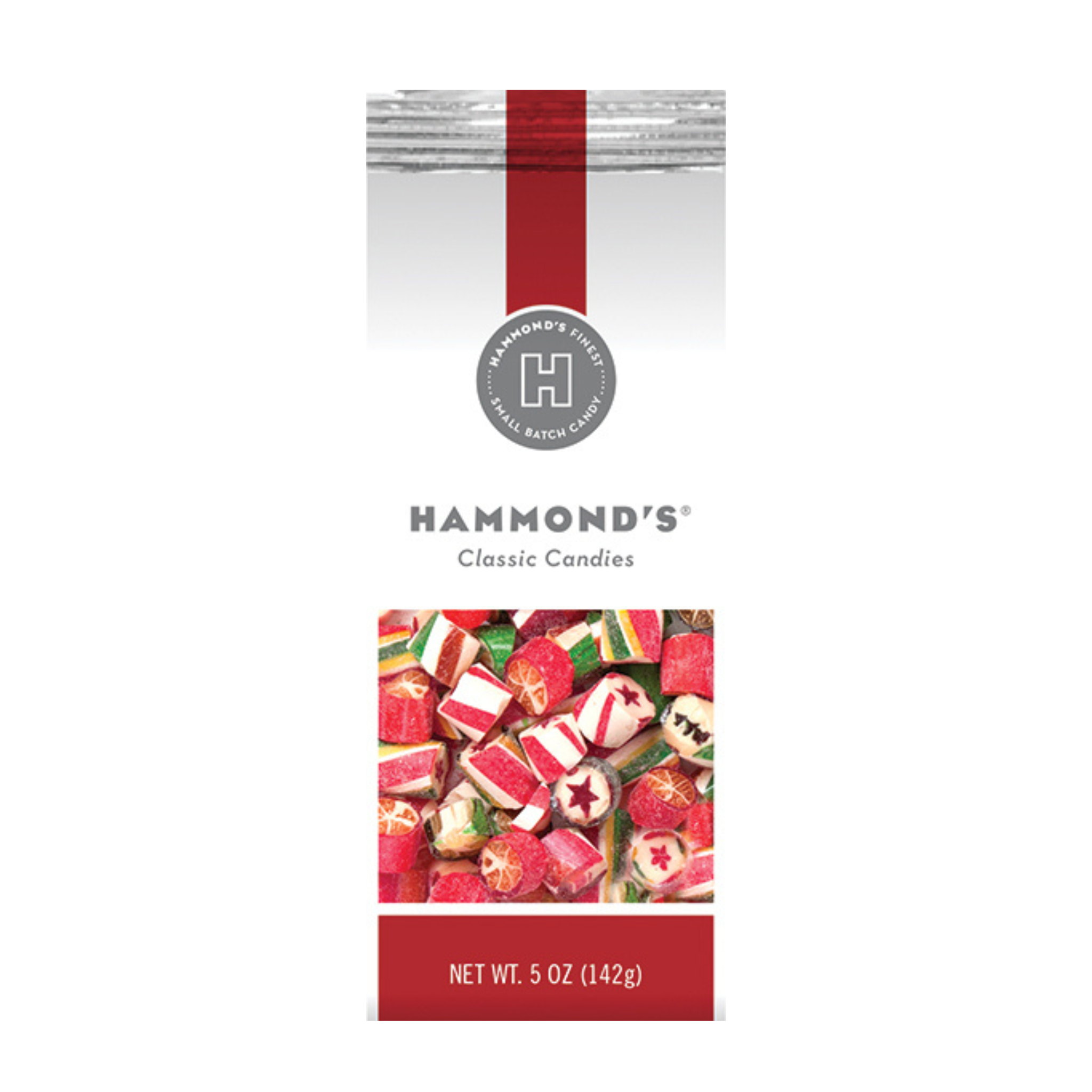A Hammond's Art Candy gift bag featuring hard candy pieces with a Christmas theme, including red candies shaped like stars and green candies resembling trees.
