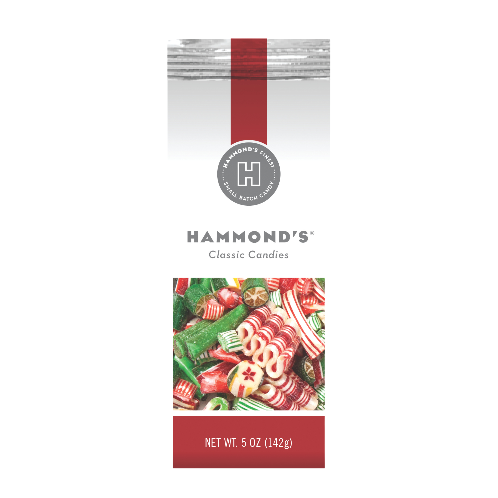 Packaging of Hammond's Christmas Mix Gift Bag with candies visible through the transparent window.