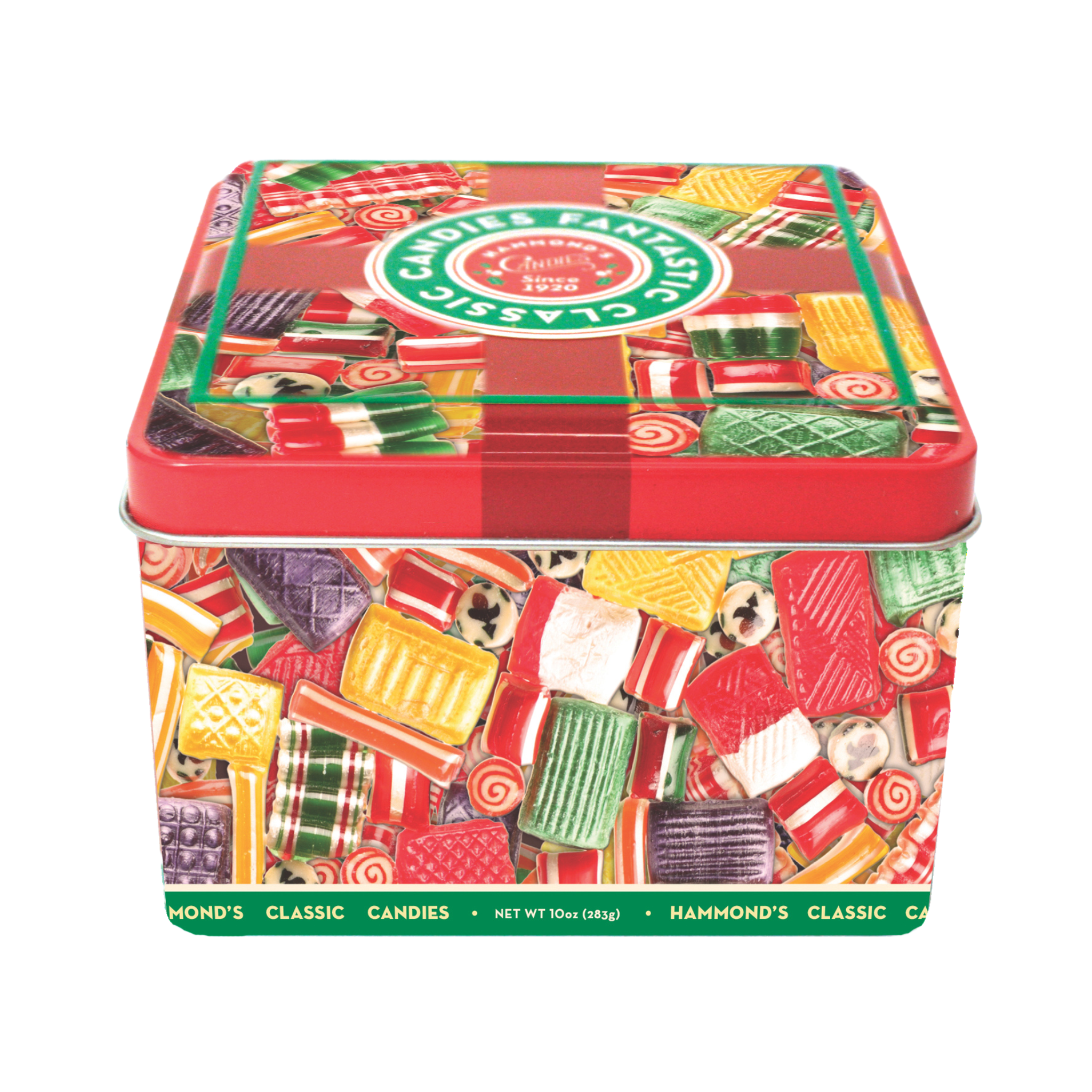 A festive Christmas Gift Tin with colorful candy imagery, containing various flavors of holiday hard candies.