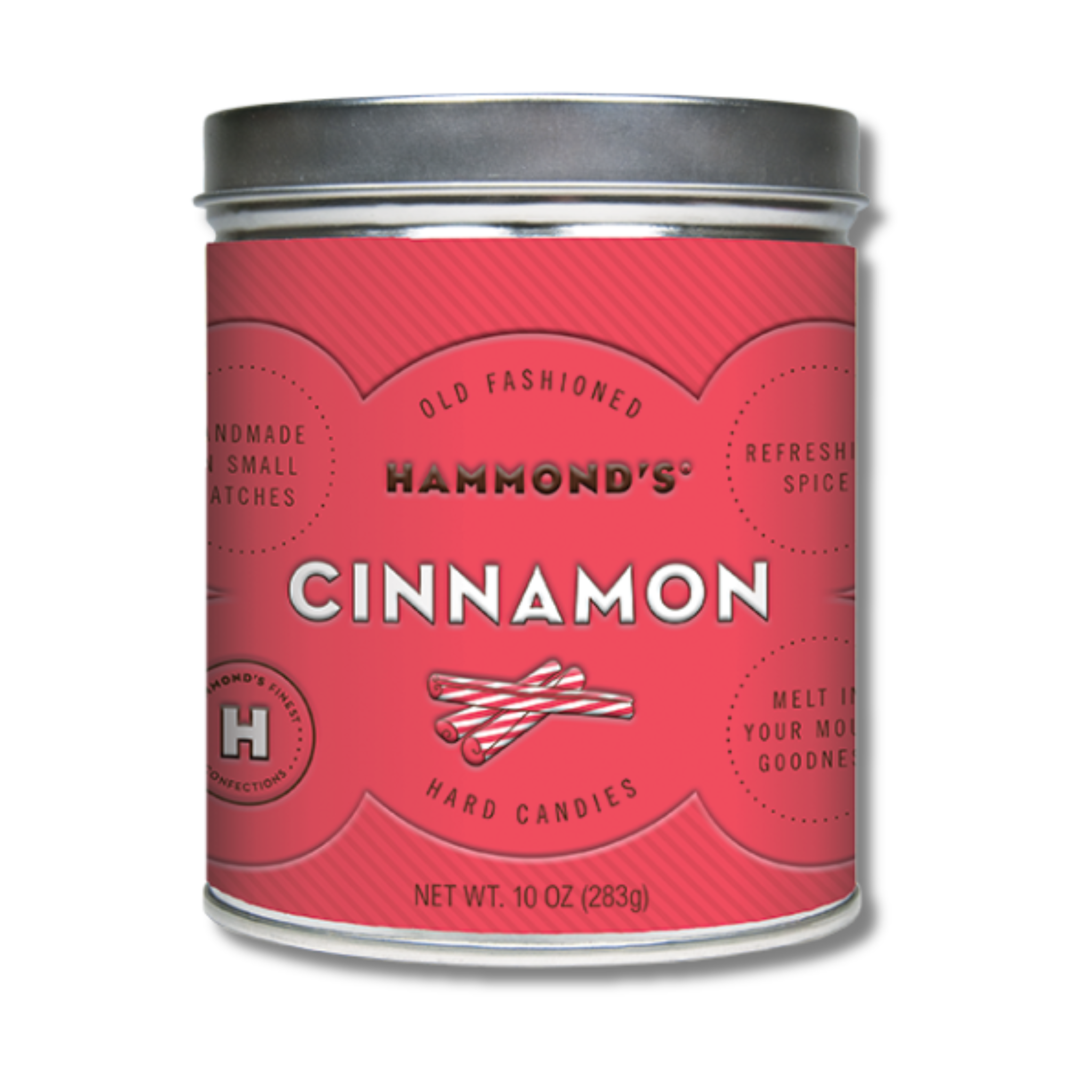 A red tin labeled 'Hammond's Cinnamon' containing cinnamon drop candies.