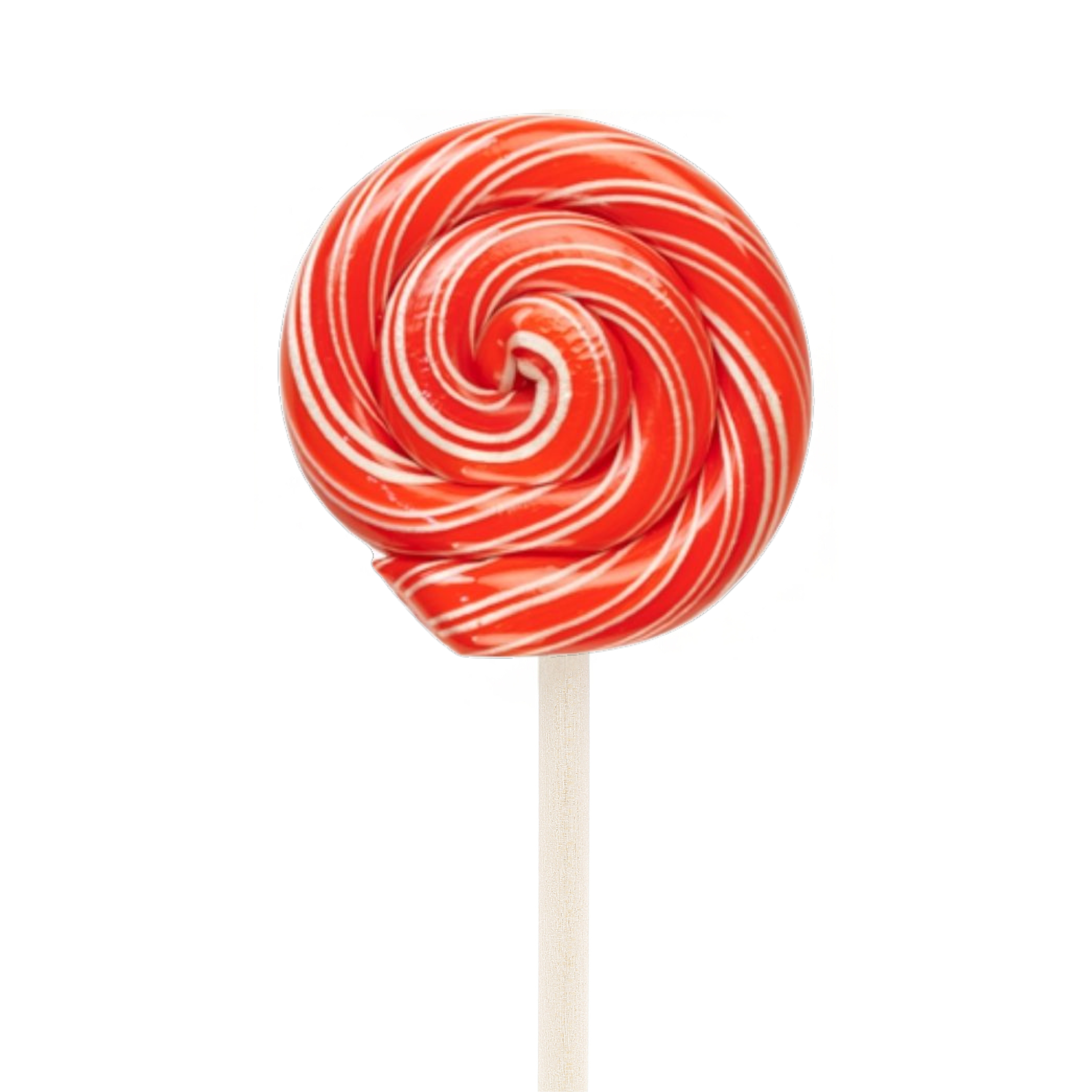 A red and white striped cinnamon lollipop on a stick.