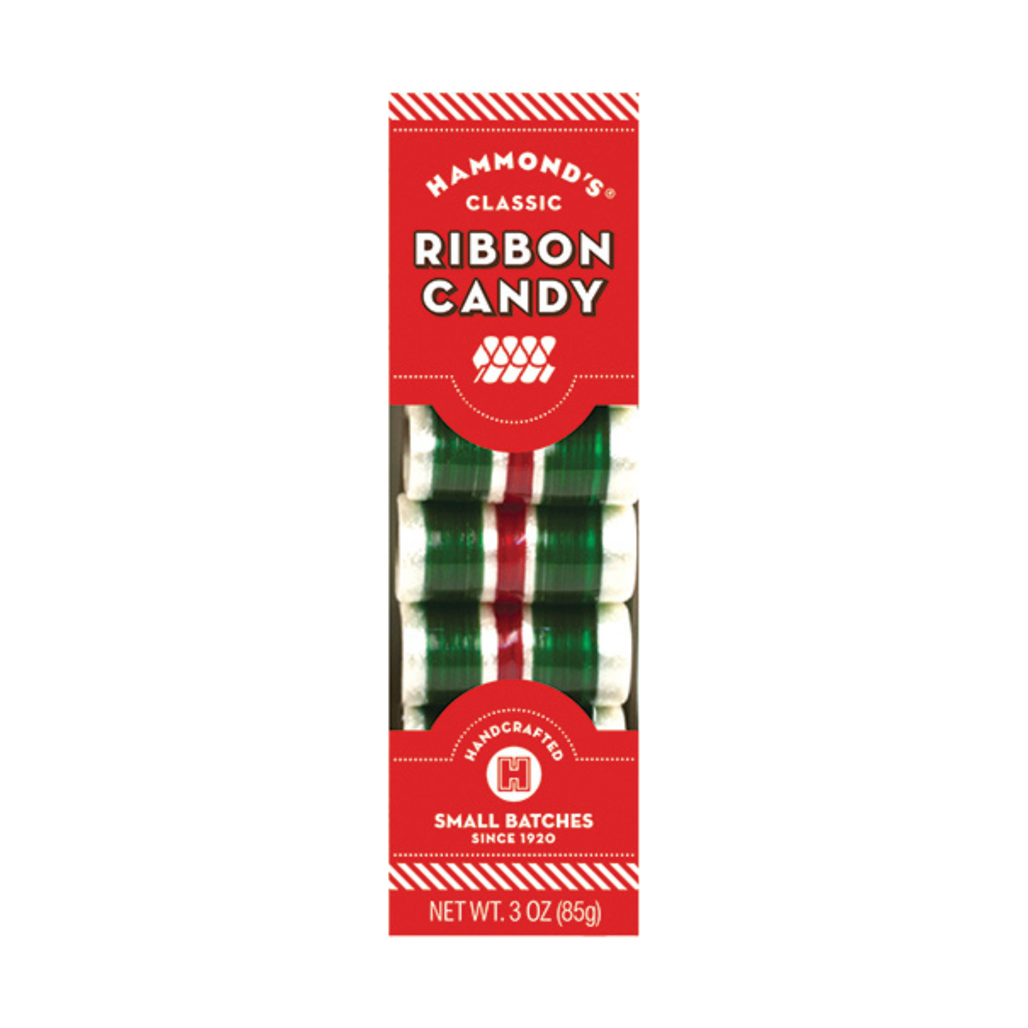 Packaging of Hammond's Classic Ribbon Candy featuring red and green striped candy bundles.