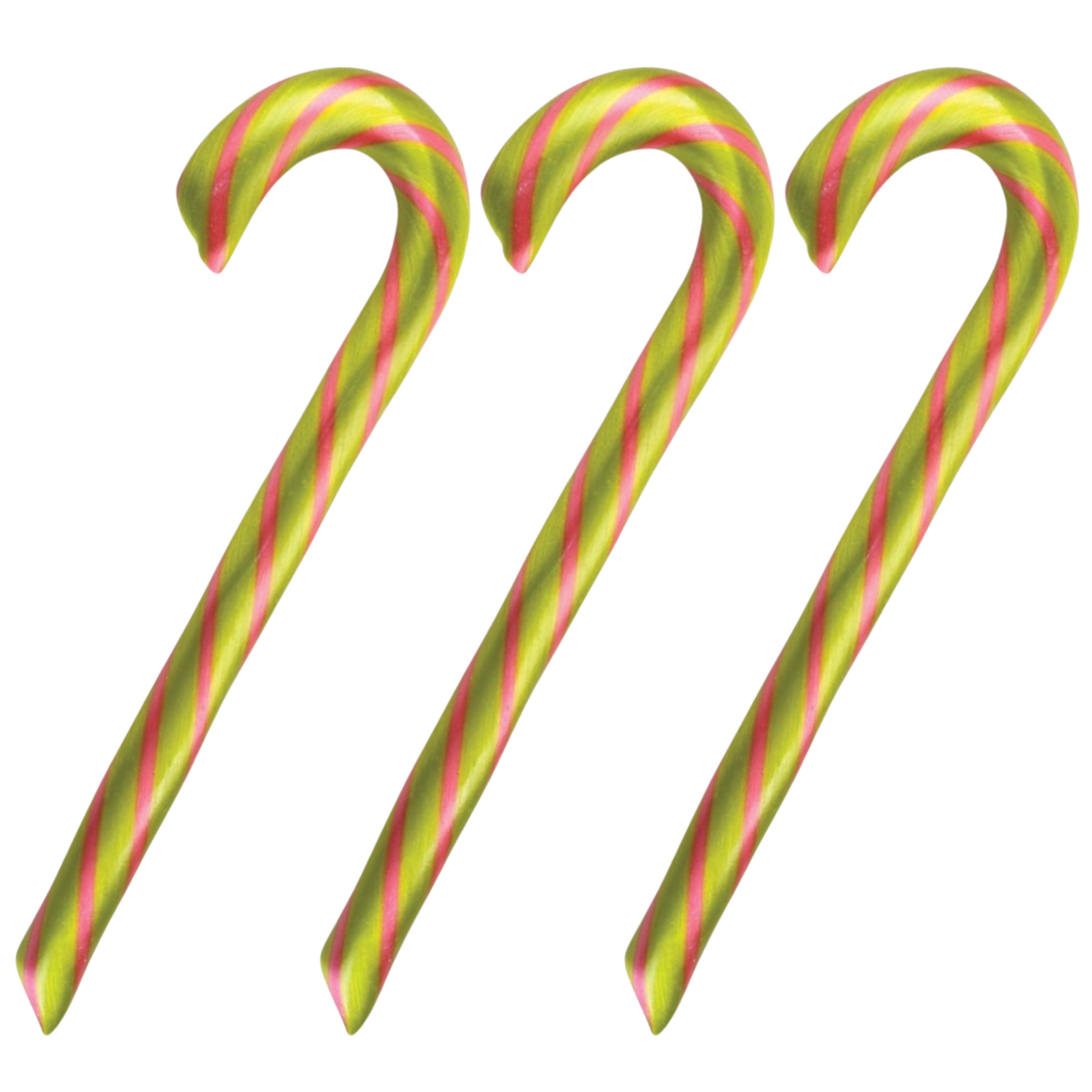 A set of three striped candy canes with green and pink colors.