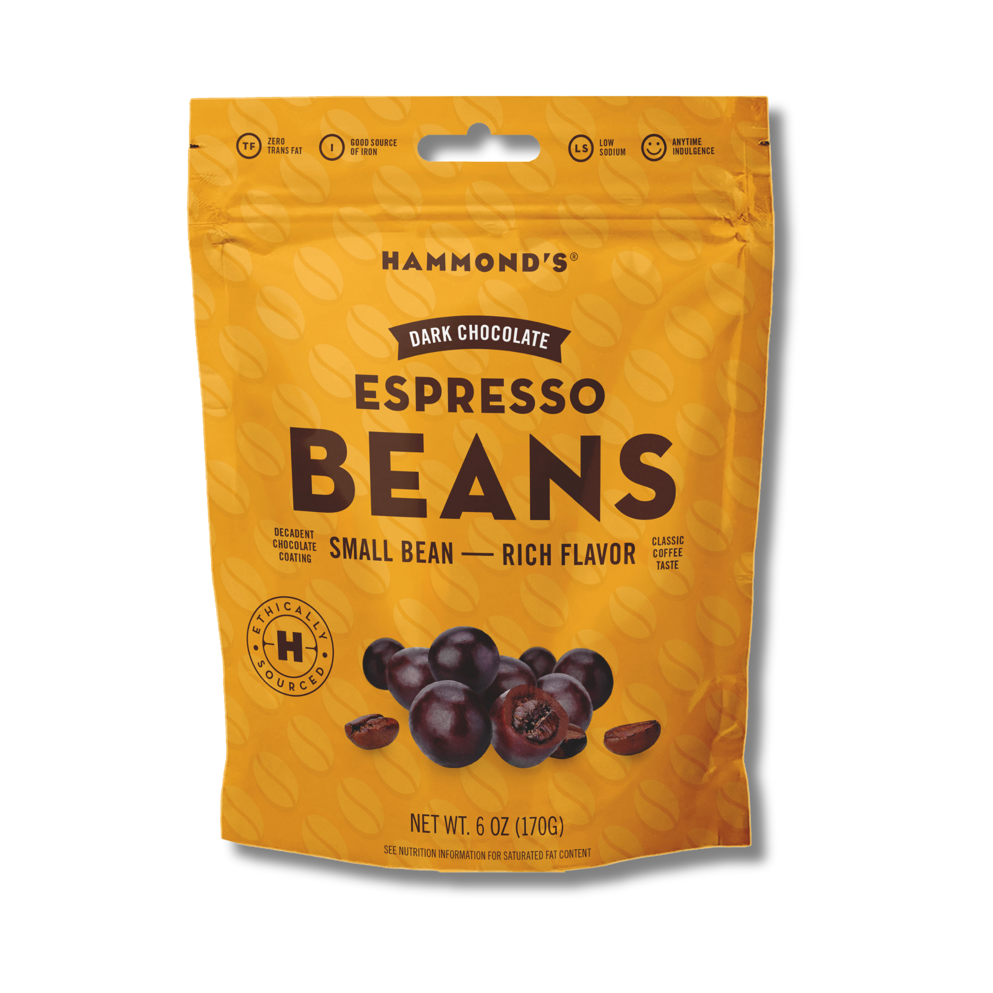 A package of Hammond's Dark Chocolate Espresso Beans with a picture of the chocolate-covered espresso beans on the front.