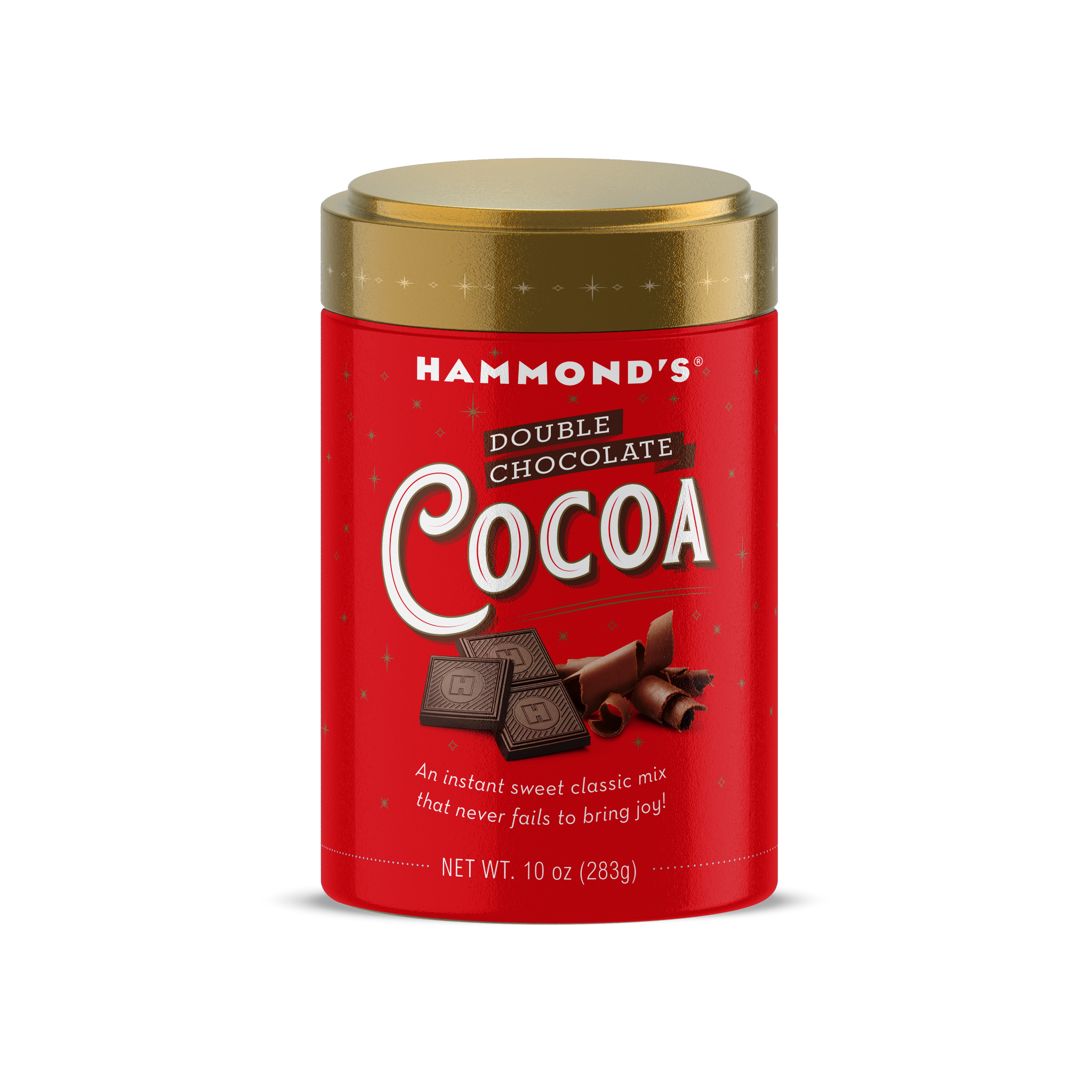 A container of Hammond's Double Chocolate Cocoa mix, with a red label and a picture of chocolate pieces. The container is sealed with a gold foil lid.