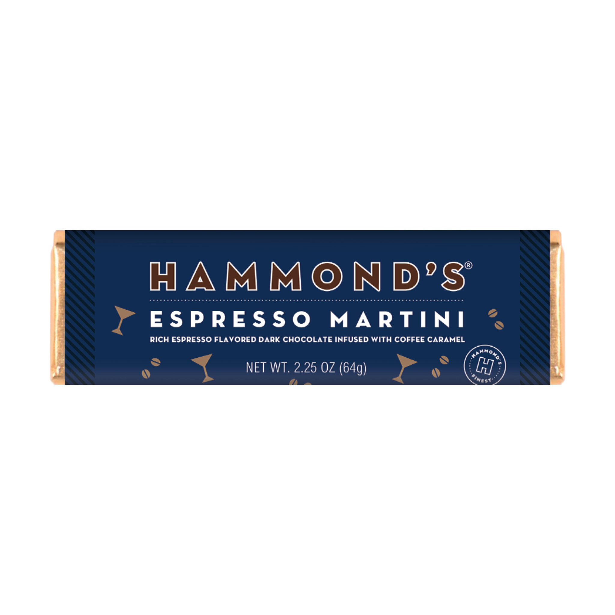 Packaging of Hammond's Espresso Martini dark chocolate bar with product details.