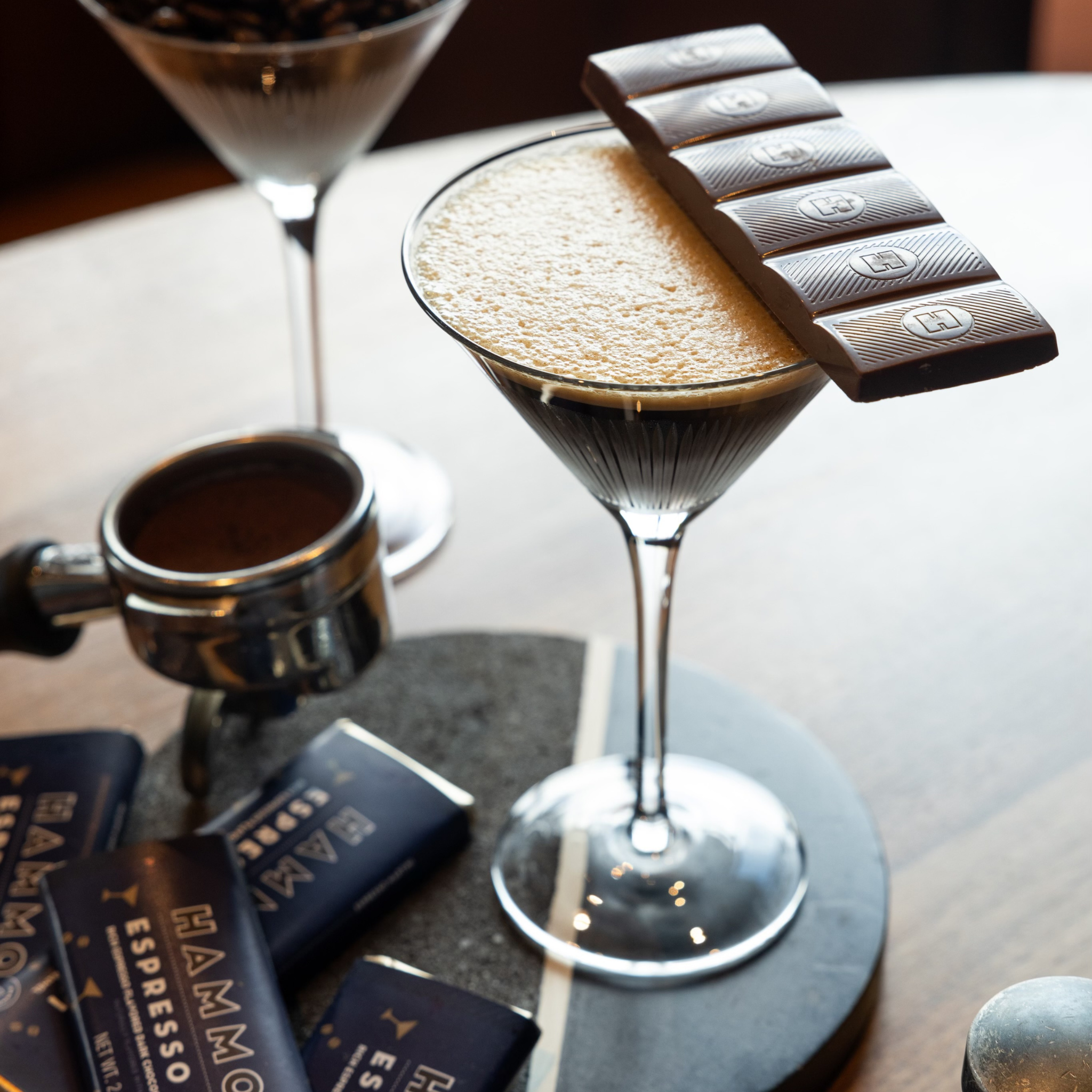 espresso martini bar balanced on edge of espresso martini