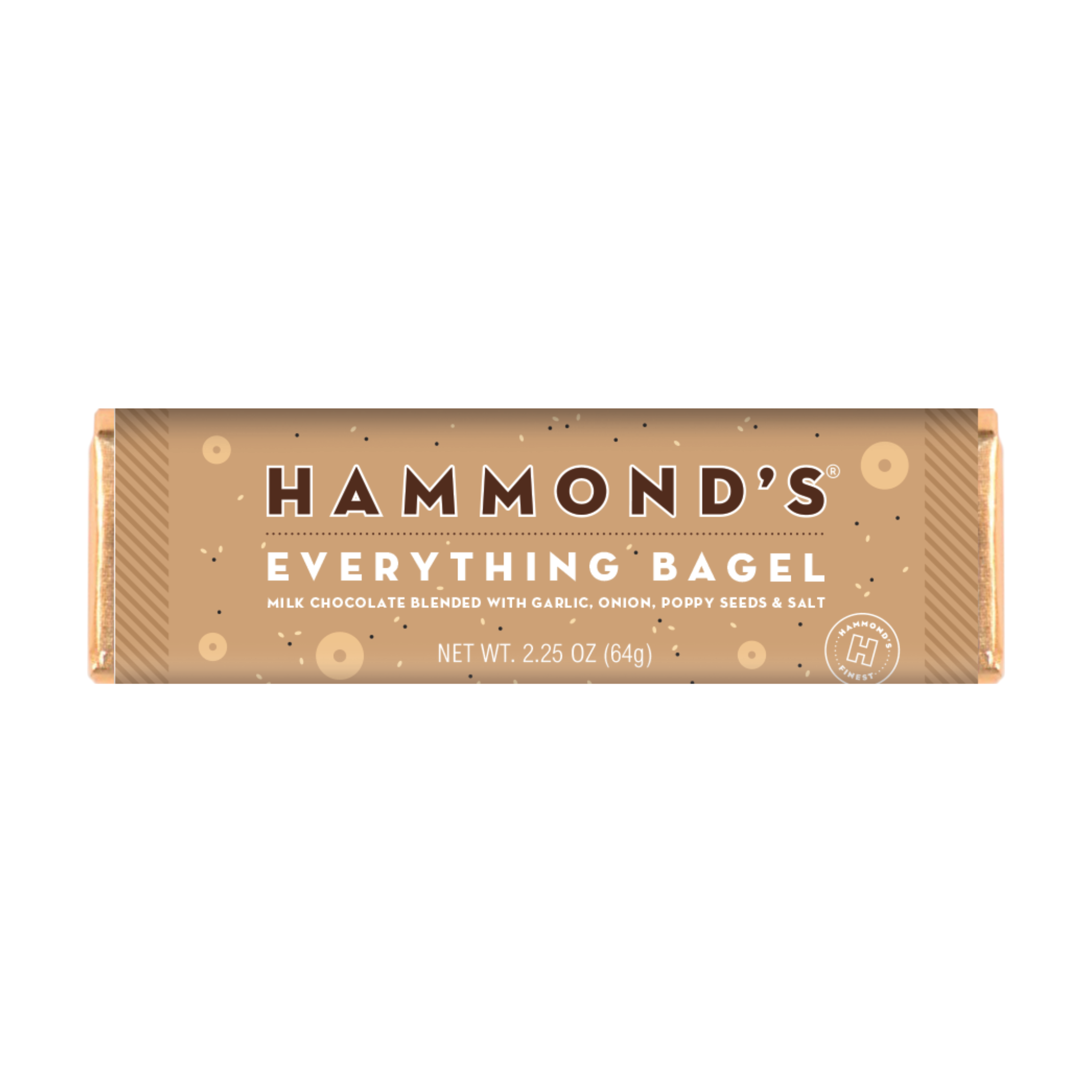 Packaging of Hammond's Everything Bagel flavored chocolate bar with visible toppings like poppy seeds.