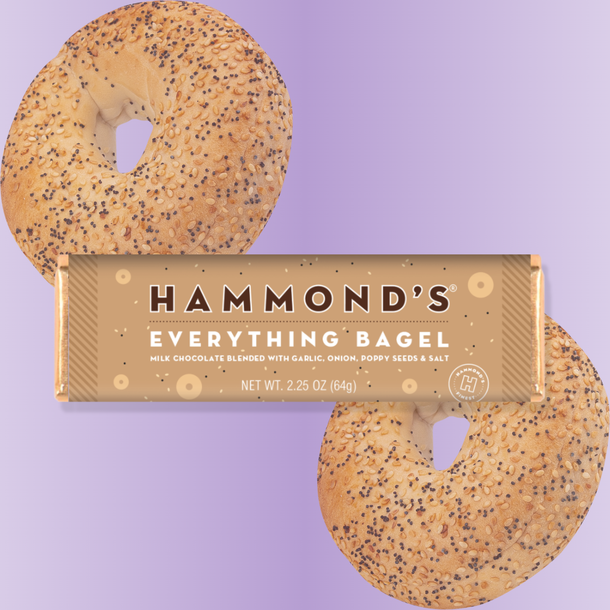 everything bagel chocolate bar with purple background and bagels!