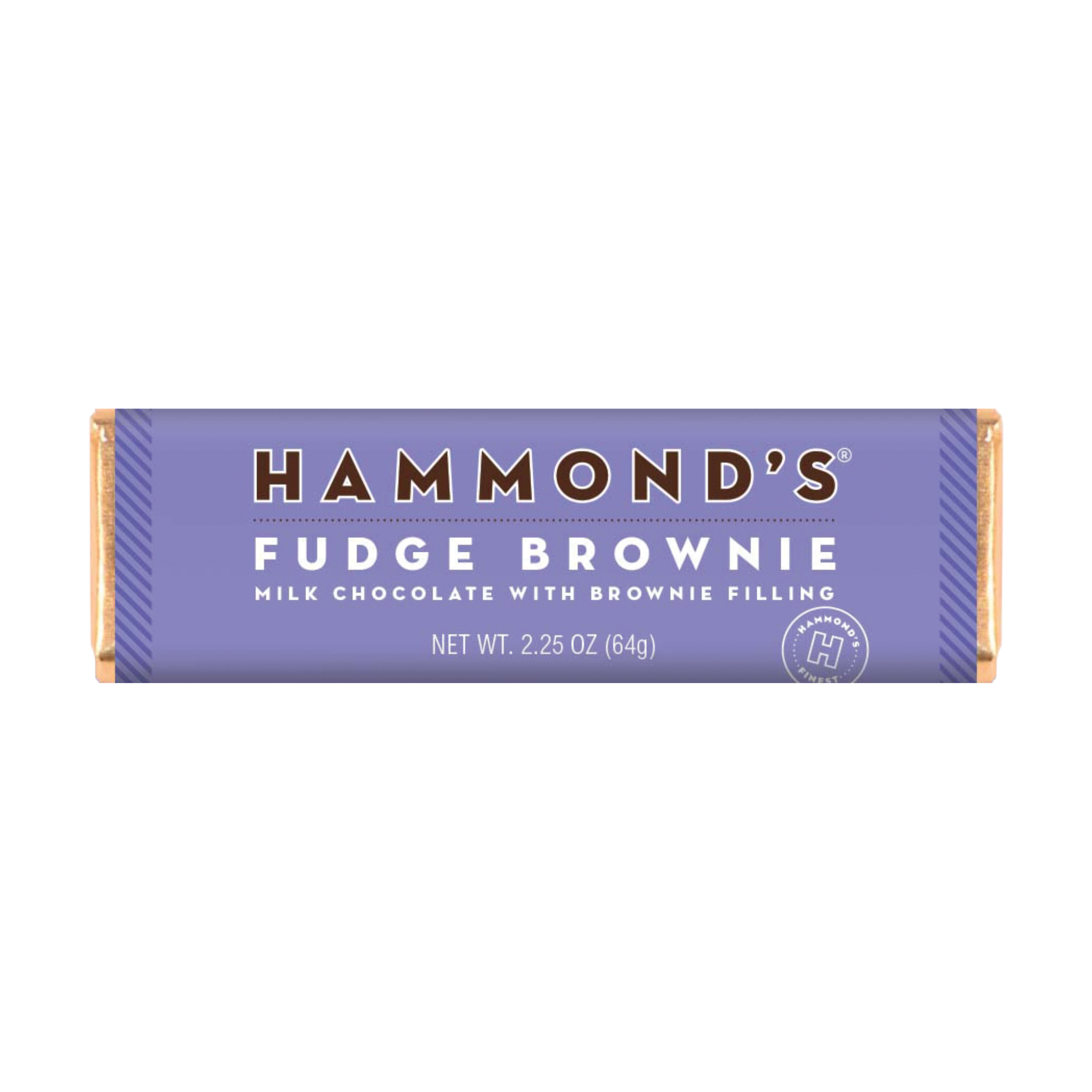 A wrapped Hammond's Fudge Brownie Milk Chocolate Bar with text on the wrapper describing the product.