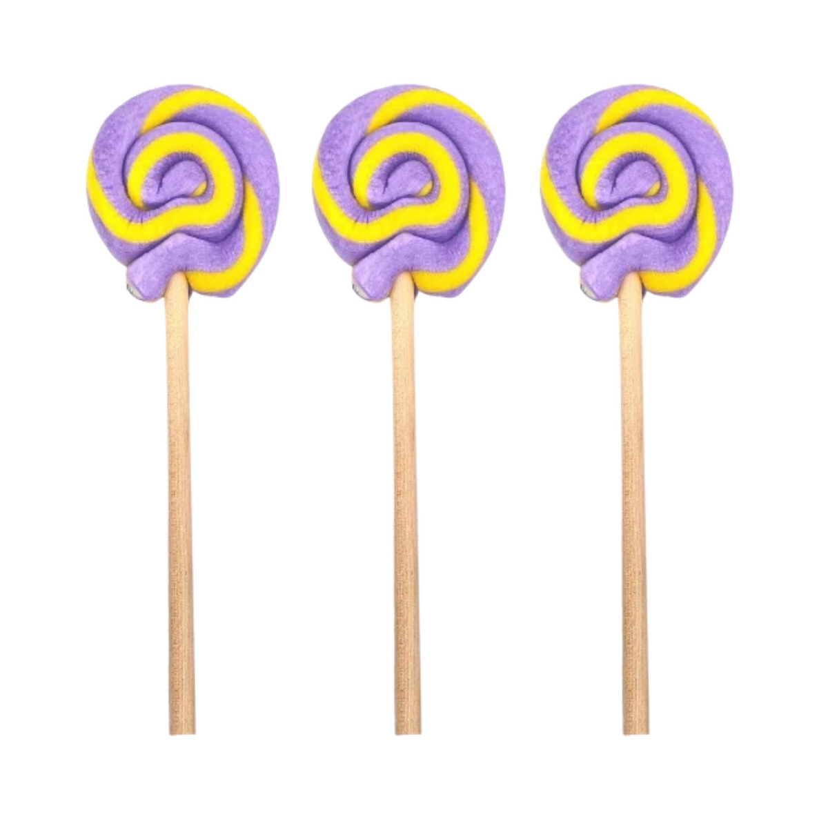 Three purple and yellow spiral lollipops on wooden sticks, arranged side by side on a plain white background.
