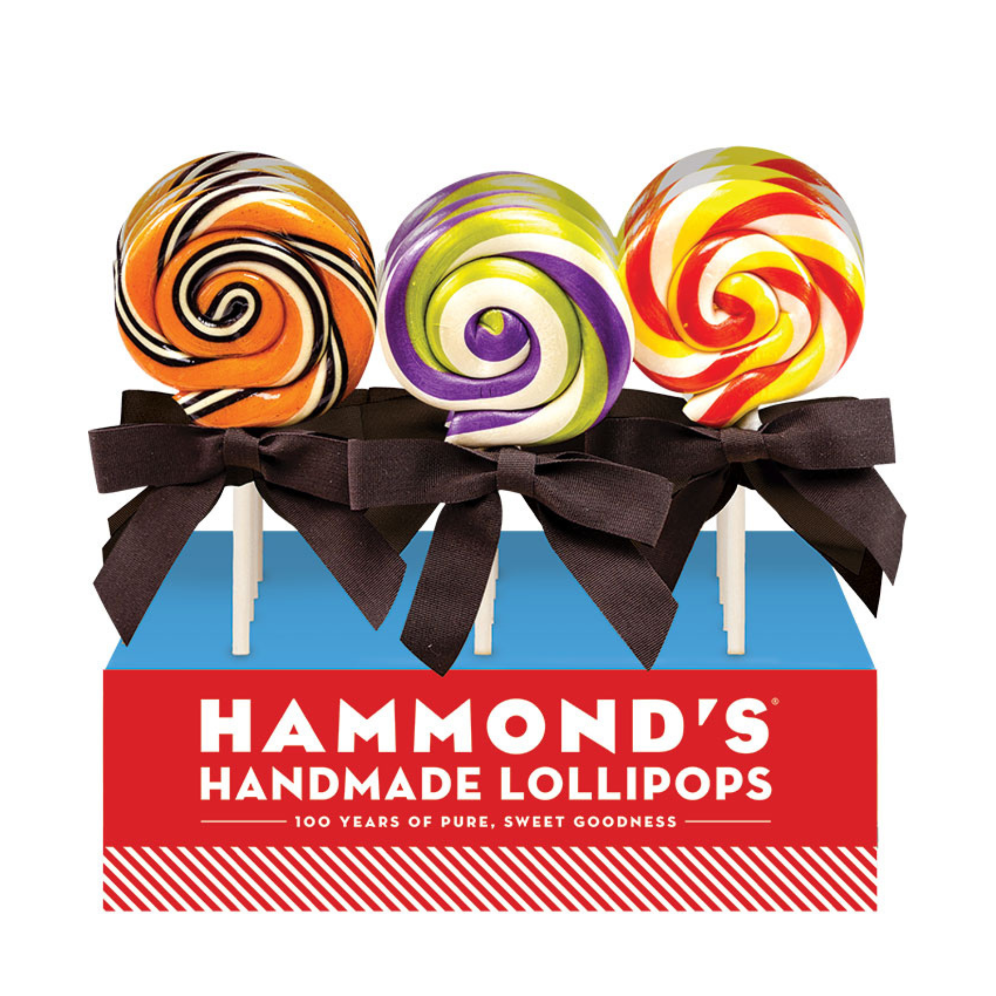 Three colorful striped lollipops on sticks, each with a different color scheme, displayed in front of a blue background with a 'Hammond's Handmade Lollipops' sign.