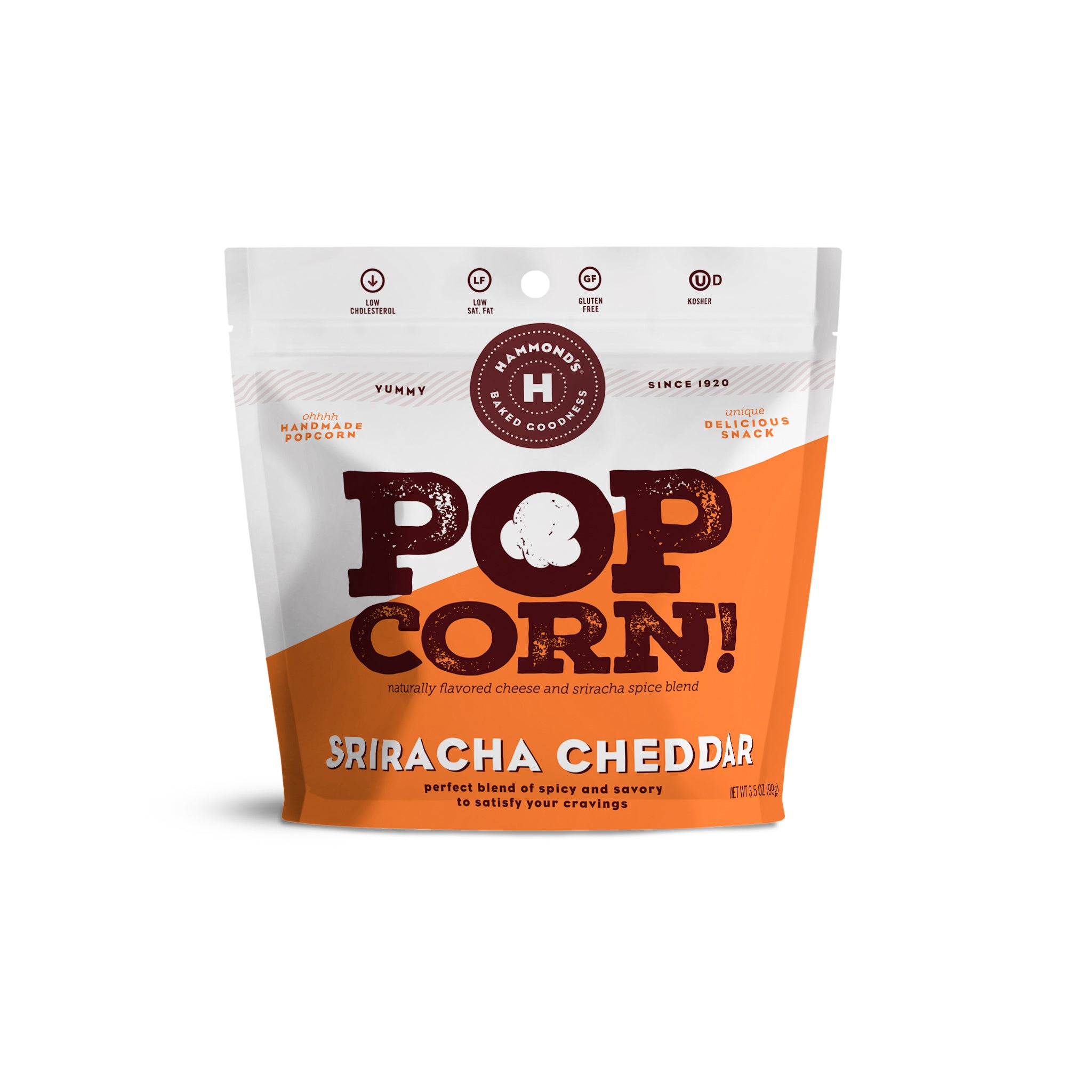Hammond's Popcorn Sriracha Cheddar flavor packaging on a white background