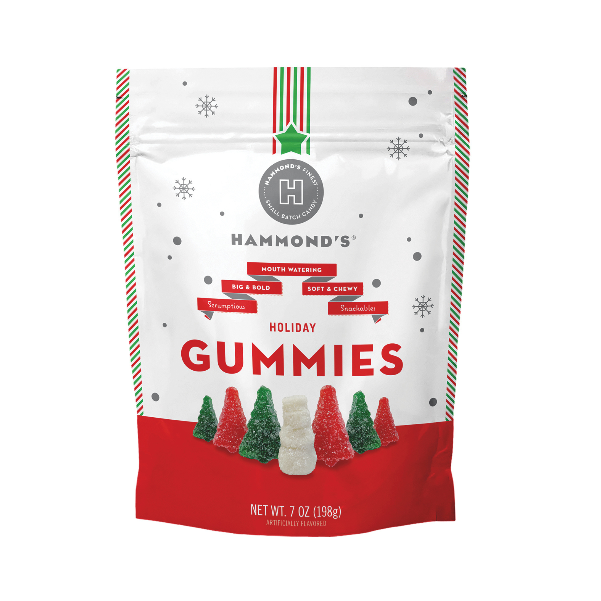 A package of Hammond's Holiday Gummies featuring Christmas-themed shapes such as trees and snowmen, with a colorfully decorated design on the packaging.