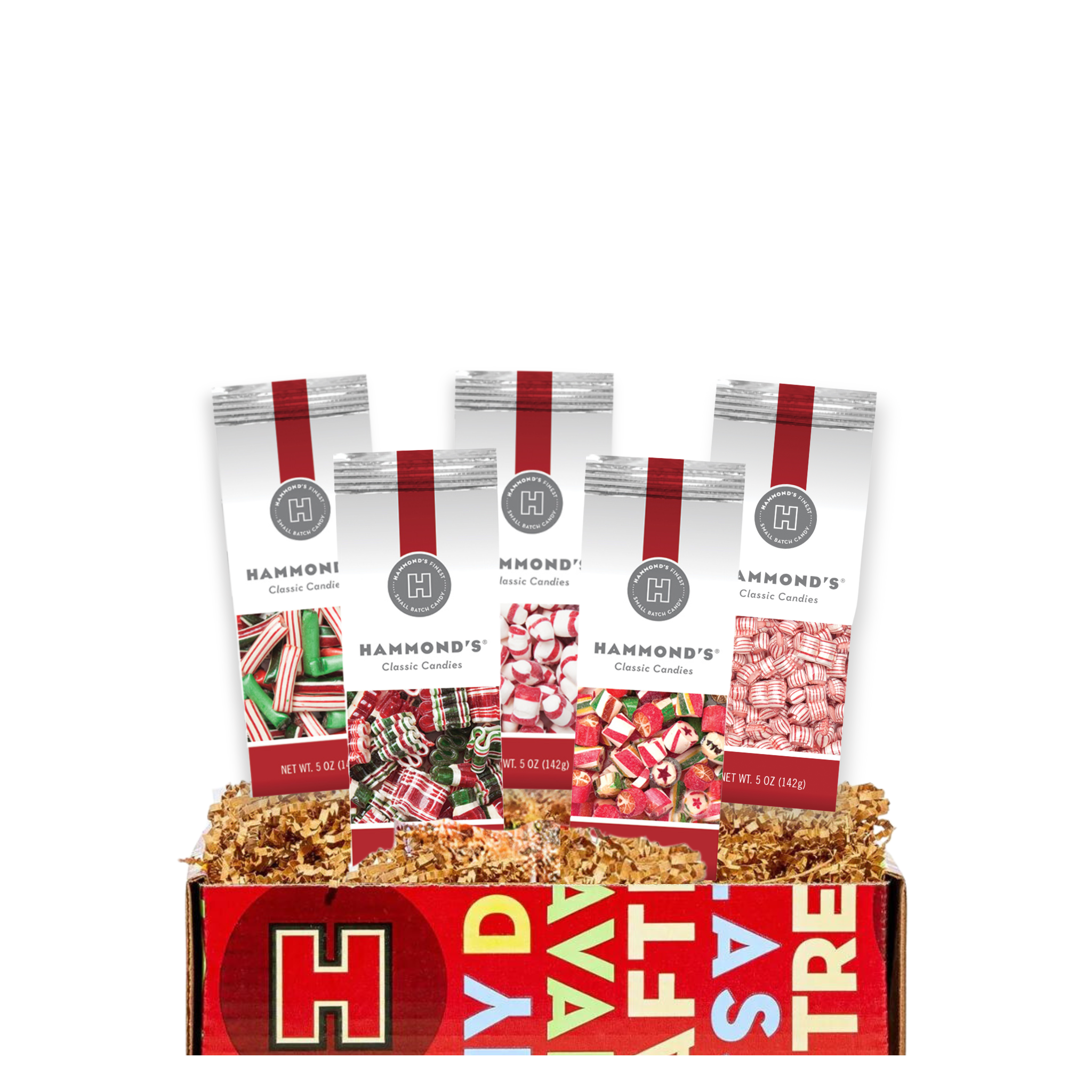 A Holiday Nostalgic Candy Gift Box containing packages of various candies with red and white branding.