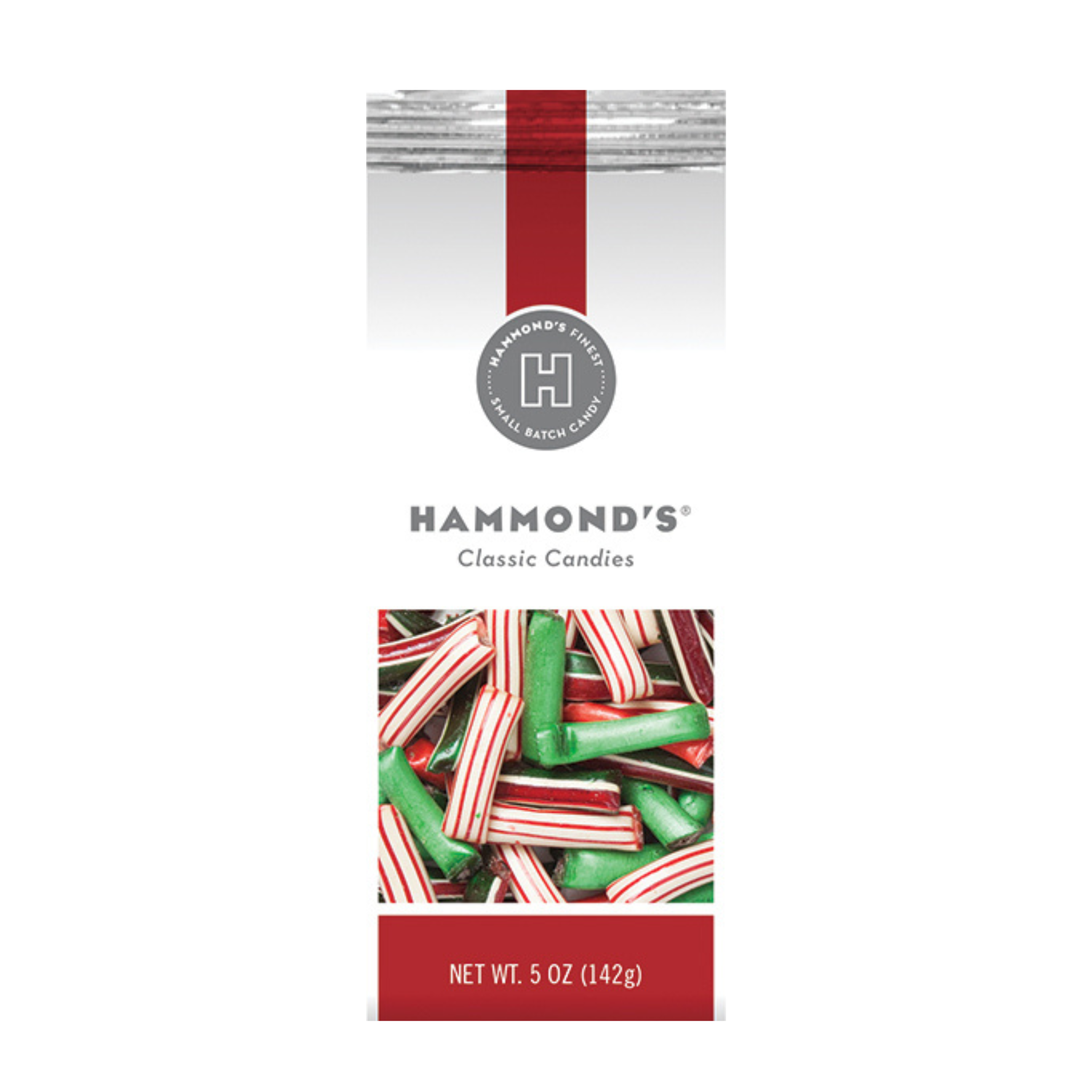 Packaging of Hammond's Classic Candies featuring Christmas-themed candy straws with red and white stripes.