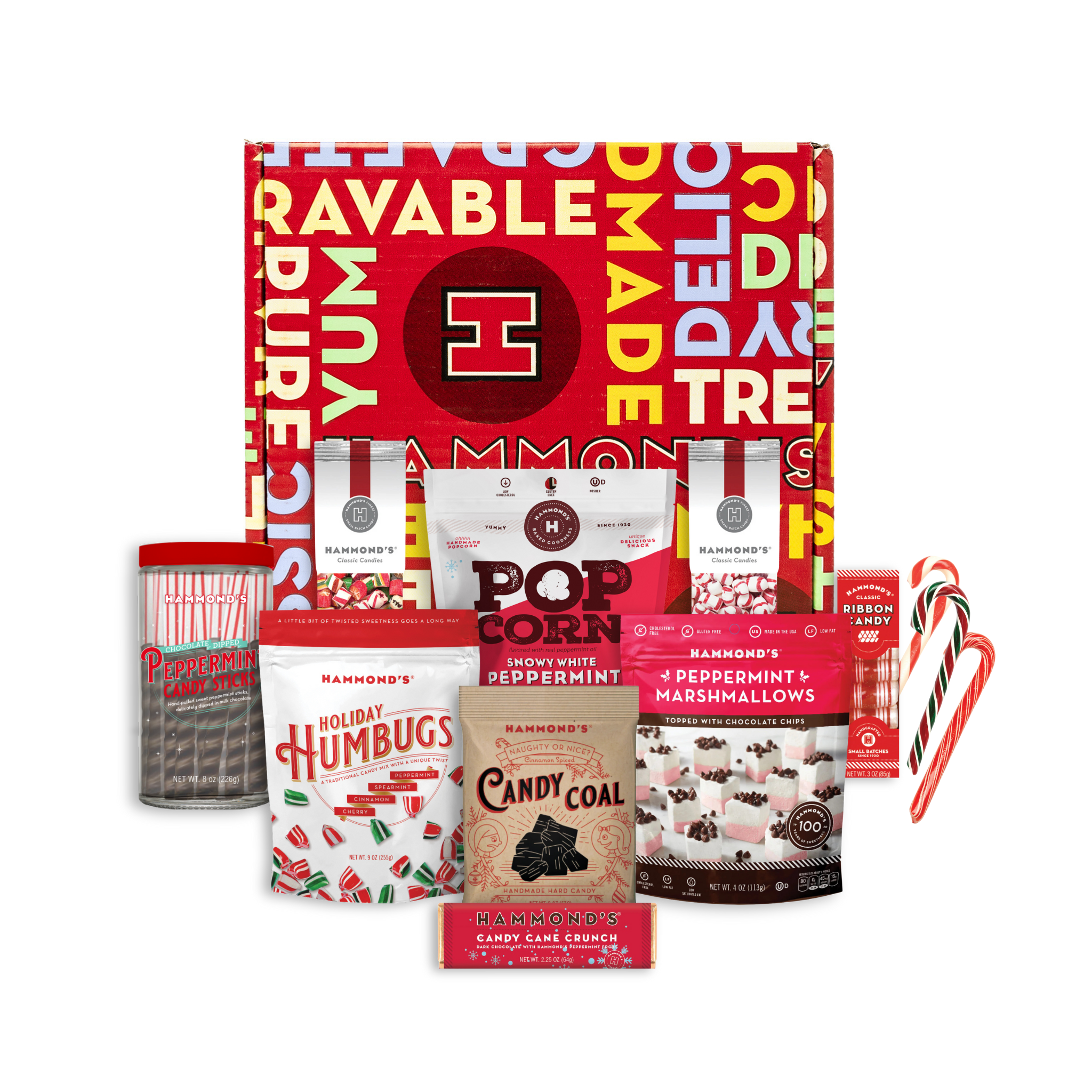 Collection of holiday-themed snack products with a prominent red and white packaging design.