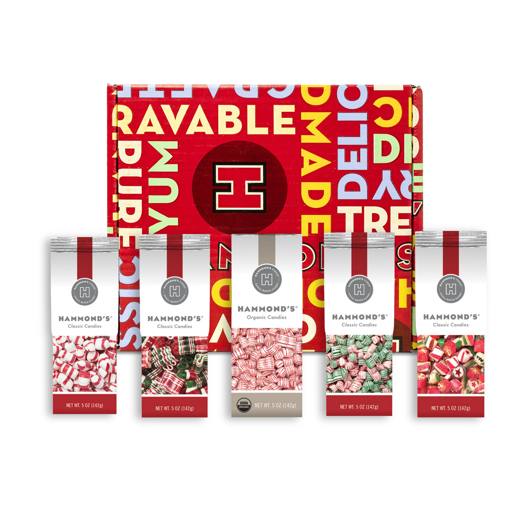 assorted hard candy in hammond's gift bag bundles in front of hammond's gift box