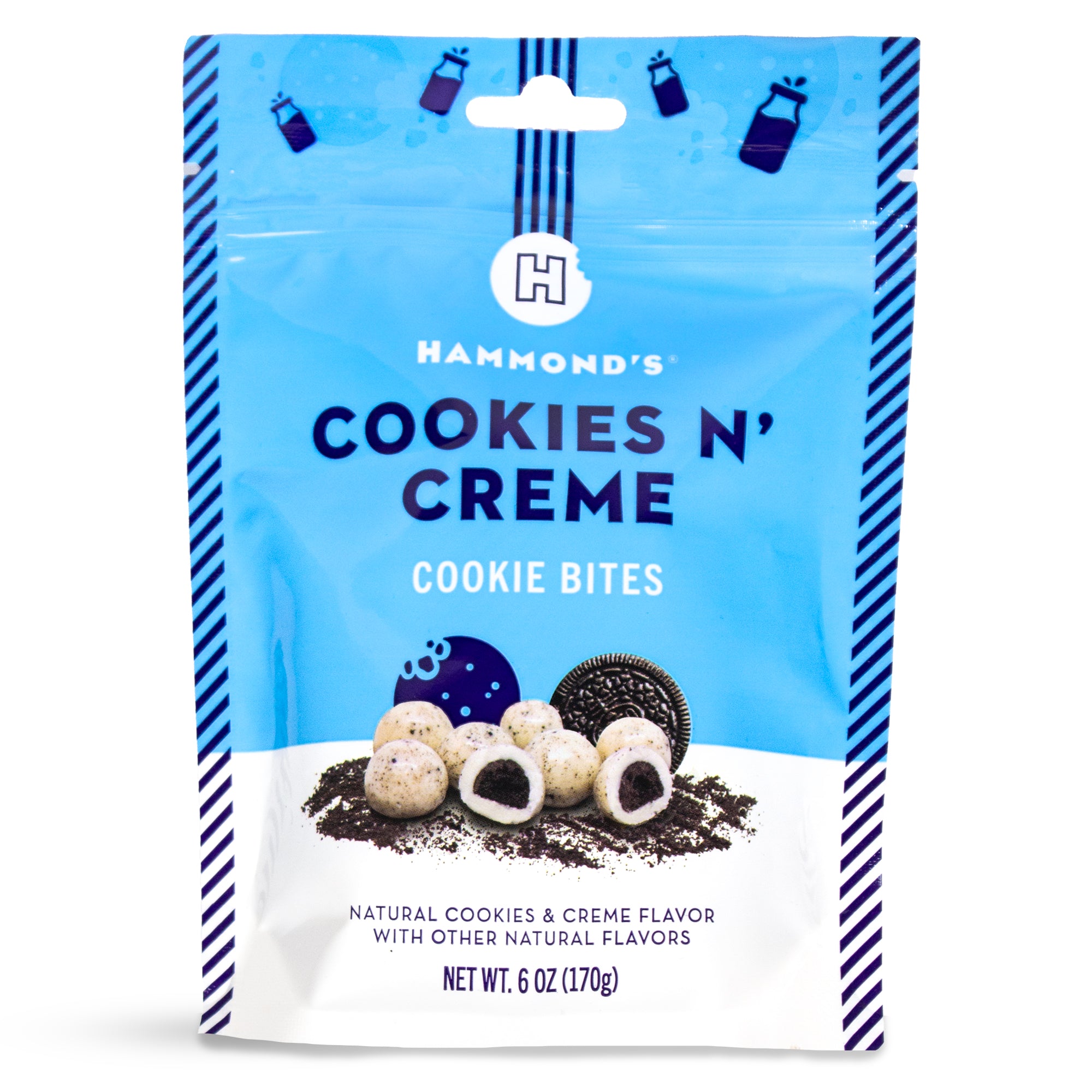 Packaging of Hammond's Cookies N' Creme cookie bites with blue and white design.