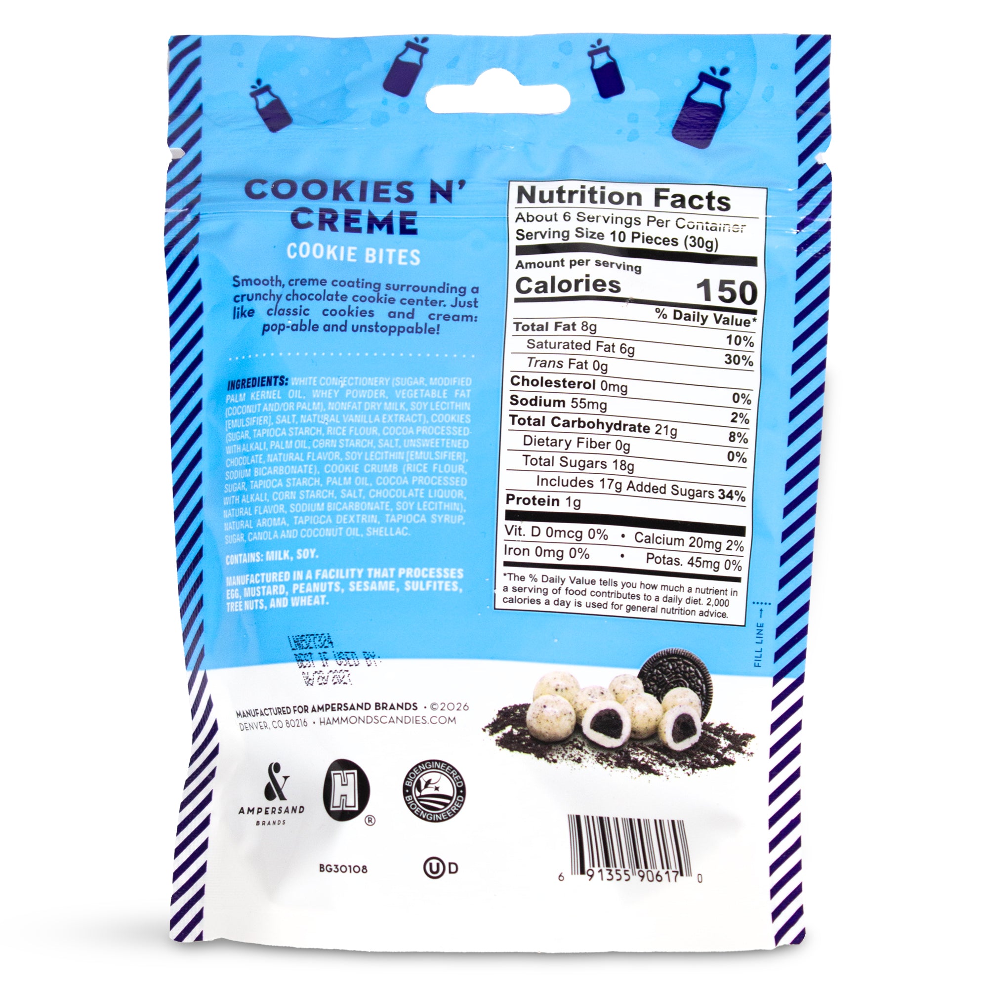 Back view of a 'Cookies N' Creme' cookie bites package with nutritional information.