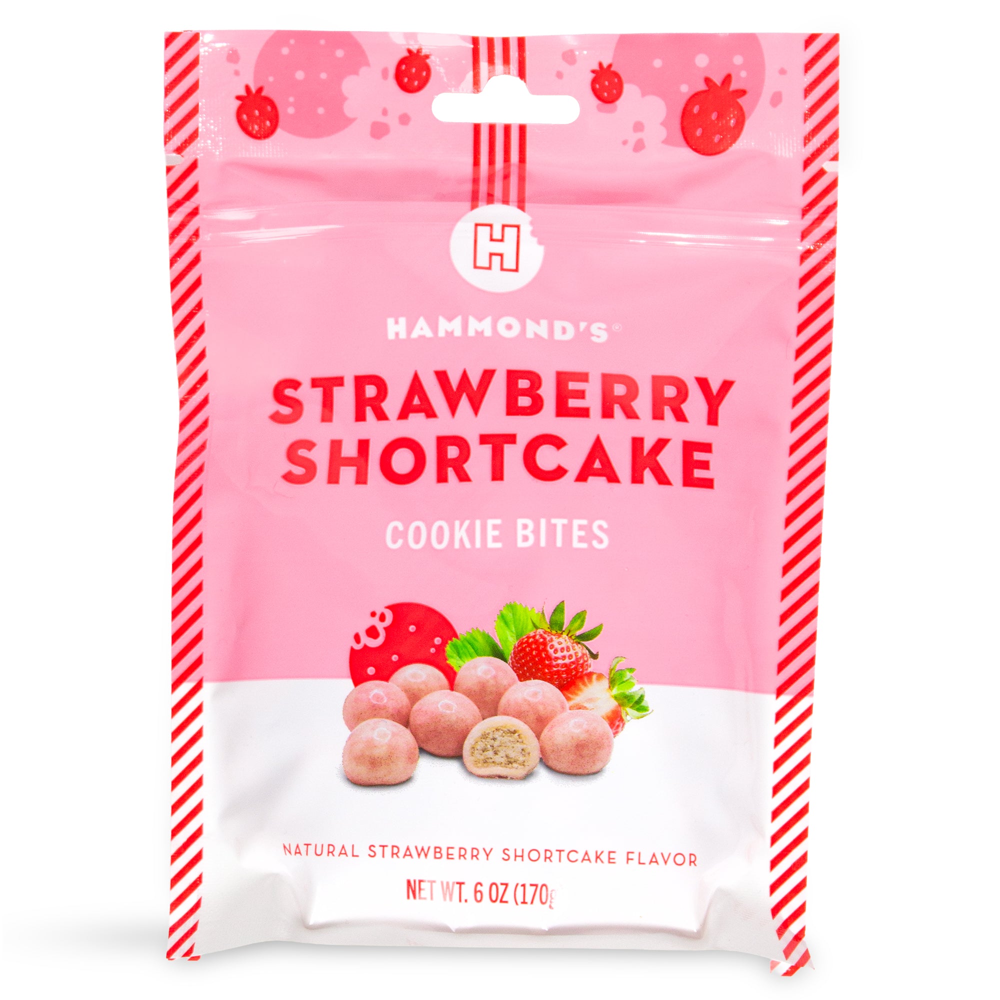 Hammond's Strawberry Shortcake Cookie Bites with pink packaging on white background