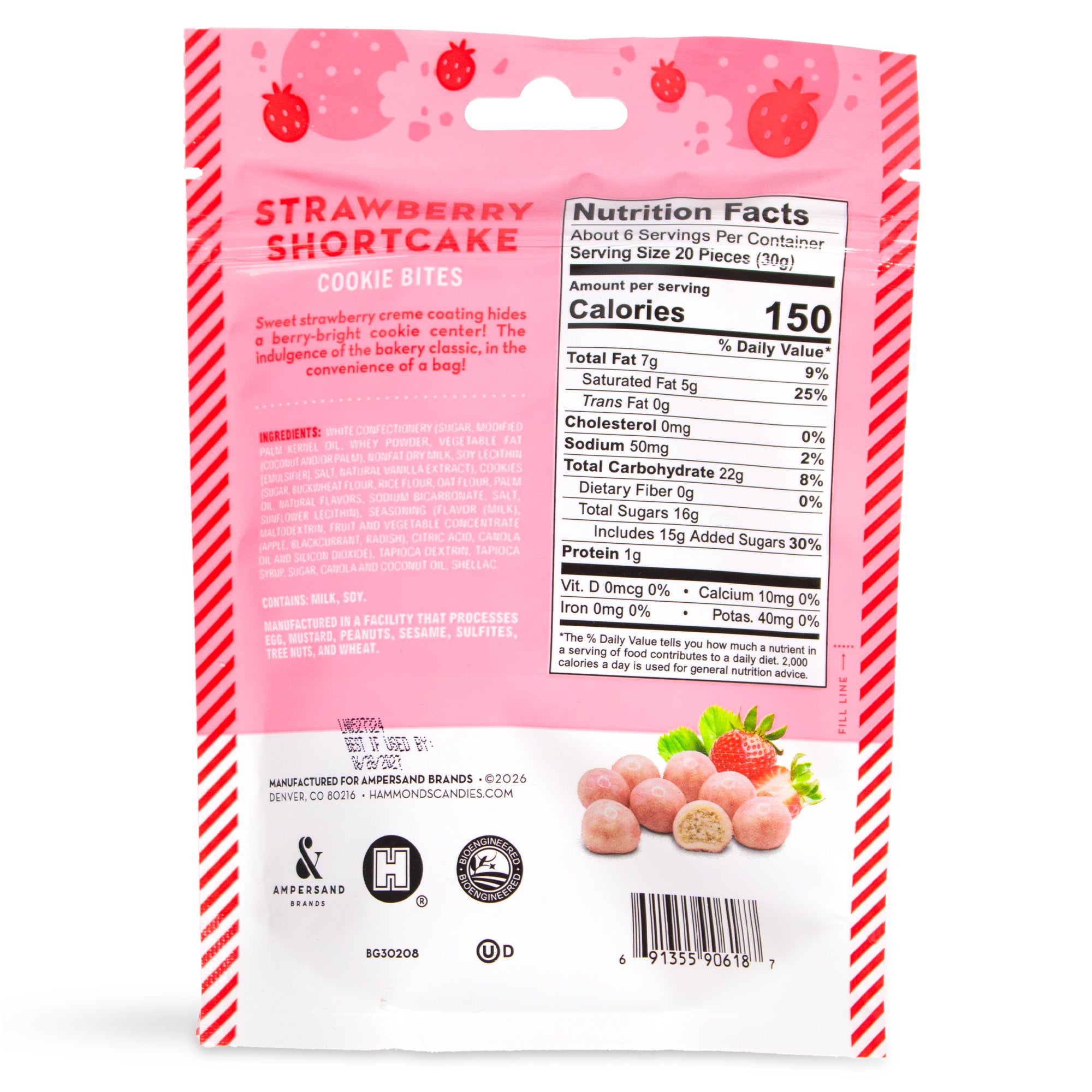 Back of a strawberry shortcake cookie bites package with nutrition facts and ingredients.