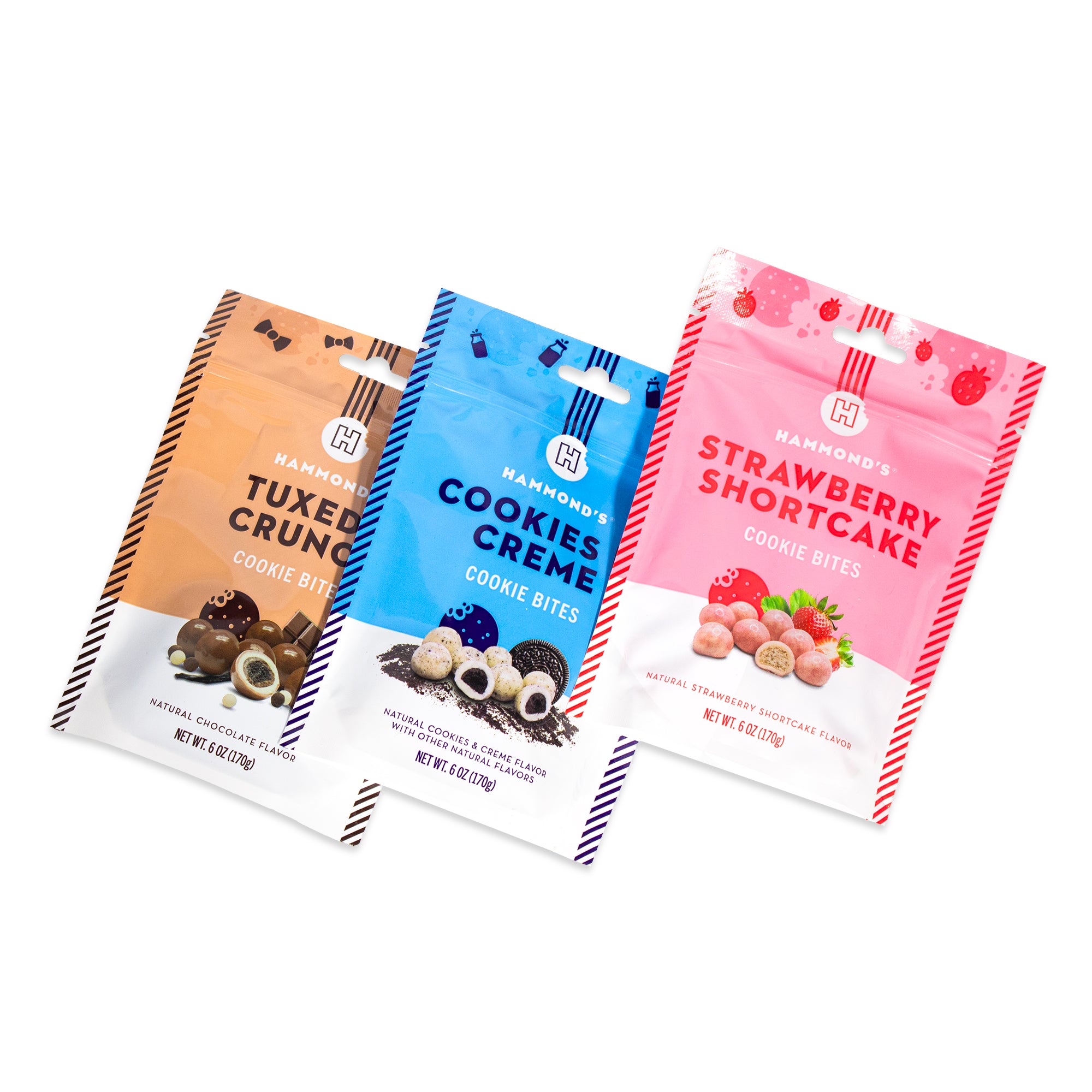Three packages of Hammond's Cookie Bites on a white background