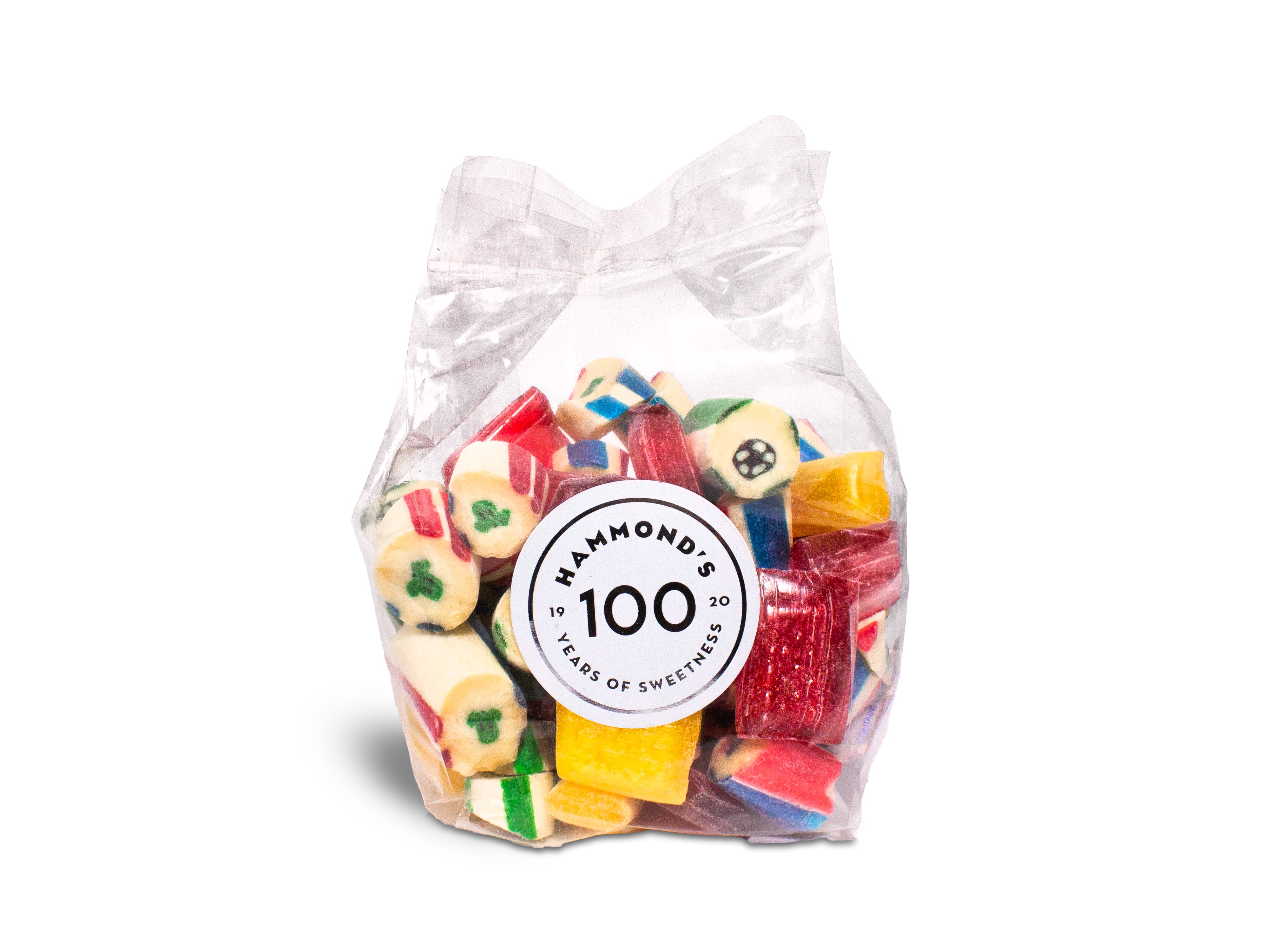 Bag of colorful sweets with a 'Hammond's' label on a white background