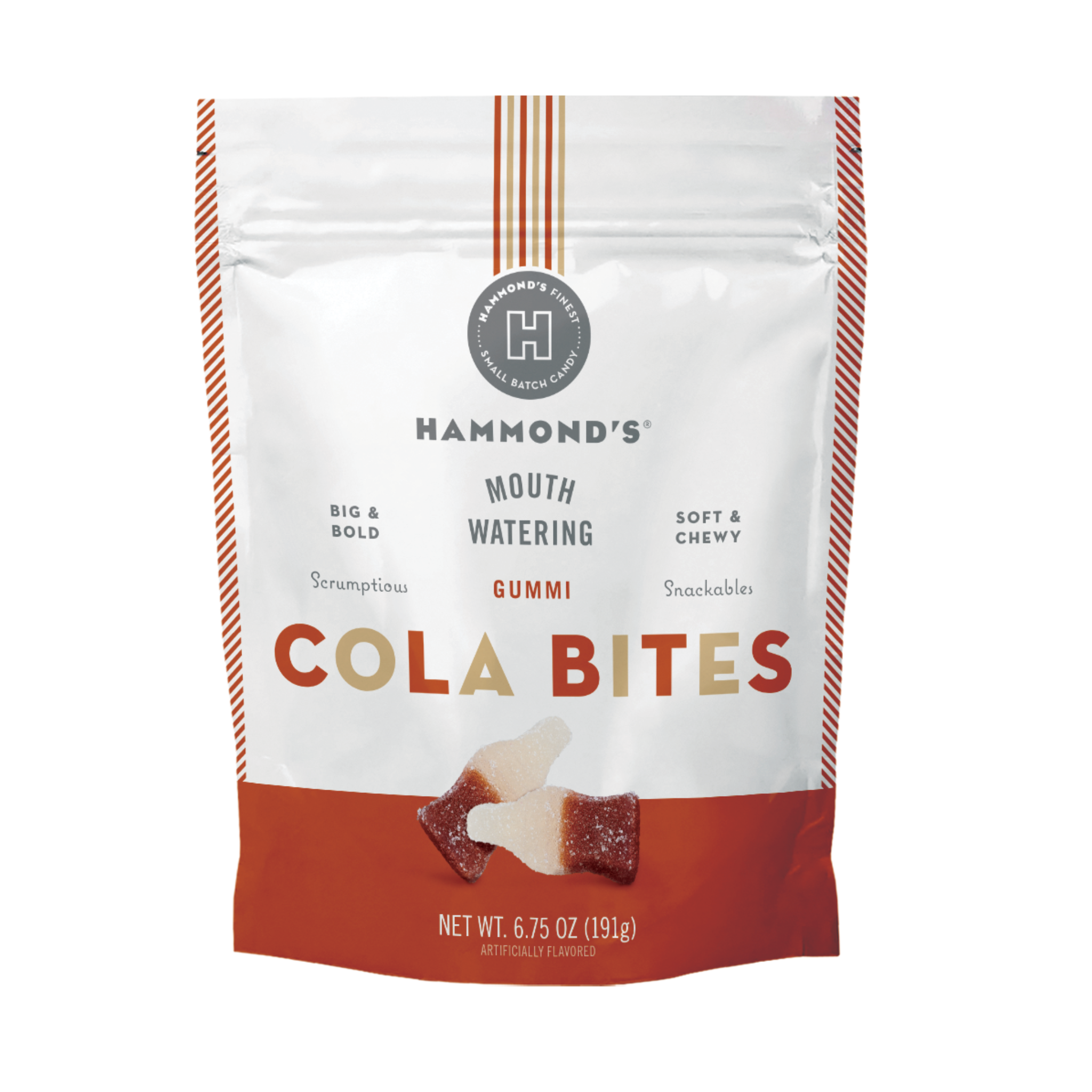 A package of Hammond's Gummi Cola Bites, featuring bite-sized gummy candies, with a red and white color scheme and an image of the gummies on the front.