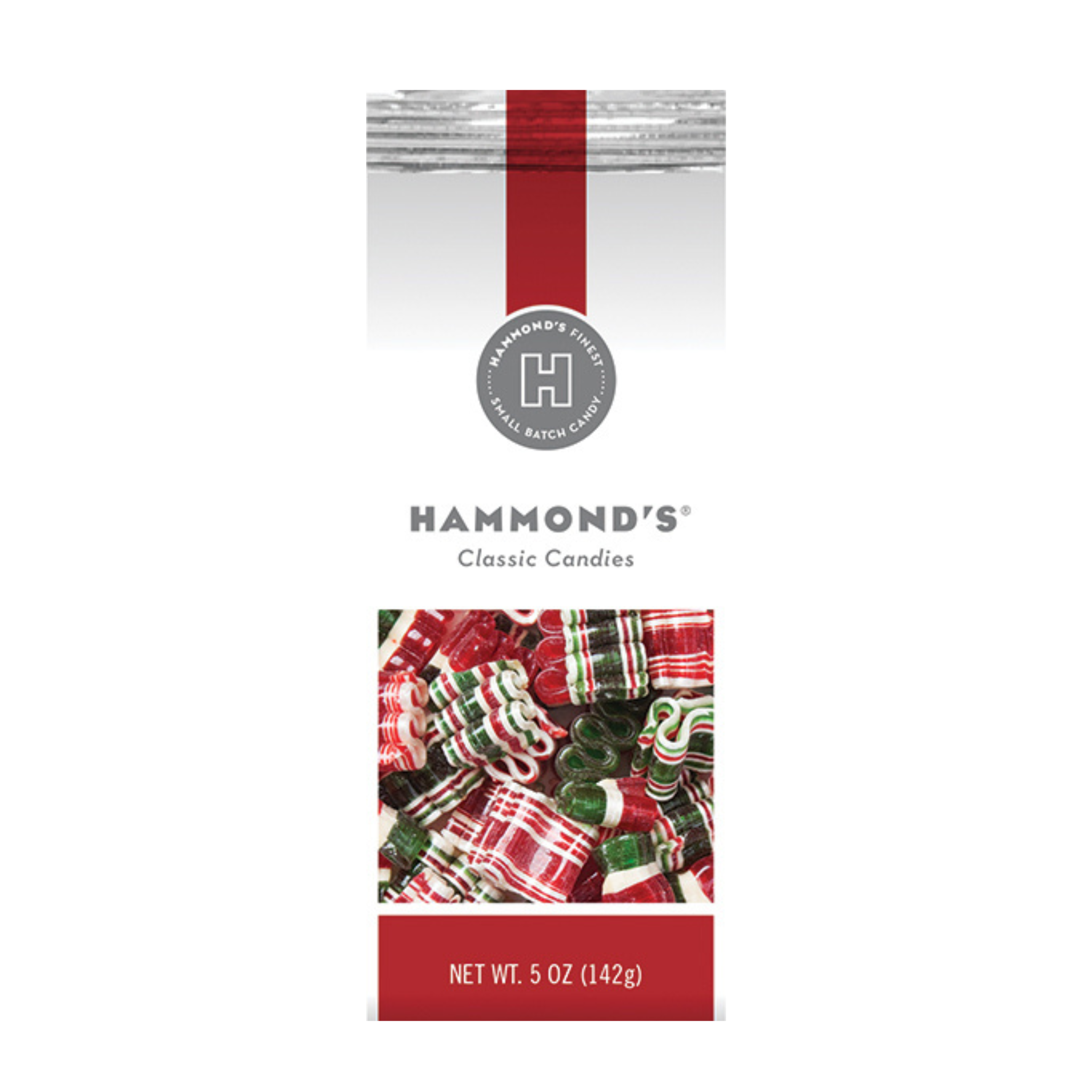 Packaging of Hammond's Mini Ribbon Candy Christmas Mix, featuring a red and white striped design with a ribbon graphic, and an image of the ribbon candies inside.