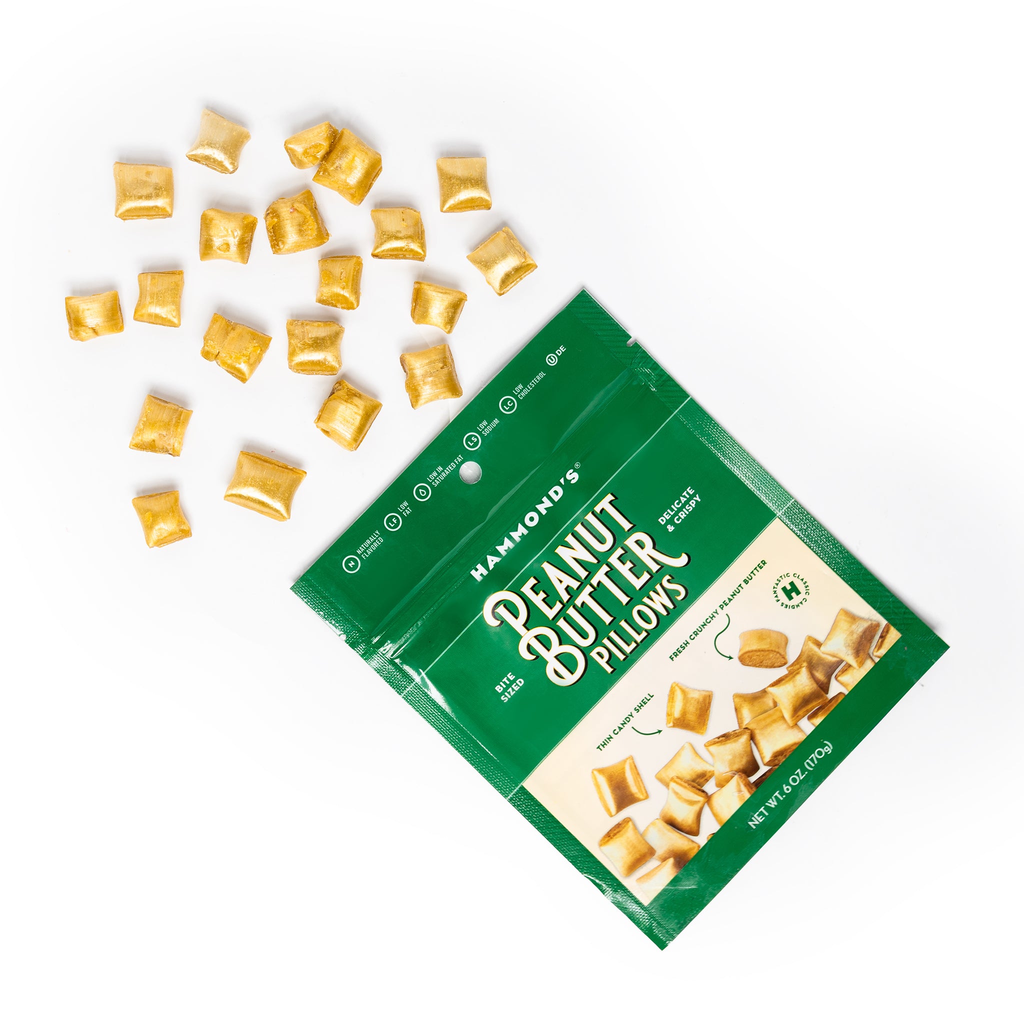 Packaged Peanut Butter Pillows with green packaging on a white background