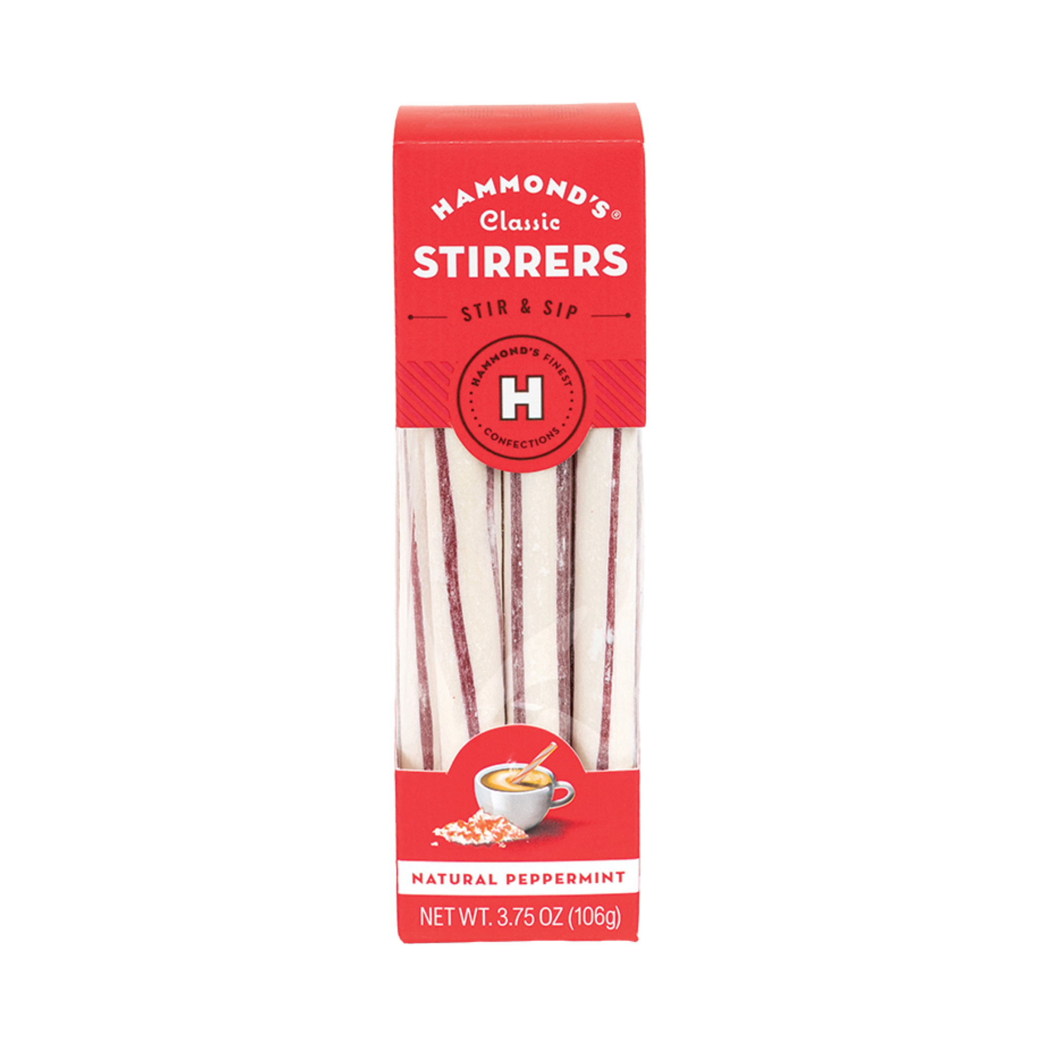 A box of Hammond's Classic Stirrers, with Natural Peppermint flavor, designed for use with cocoa and coffee.