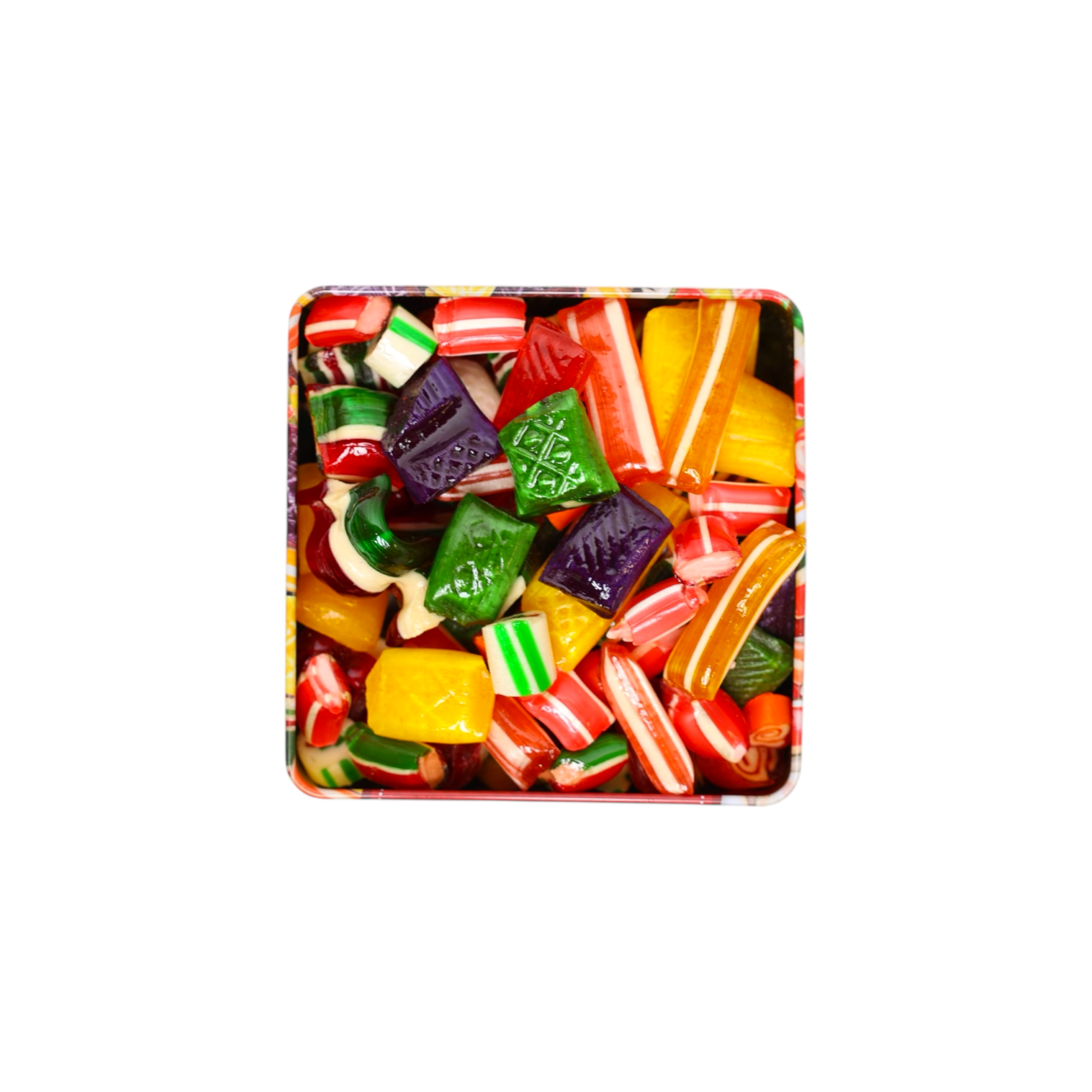 Open tin of mixed hard candies