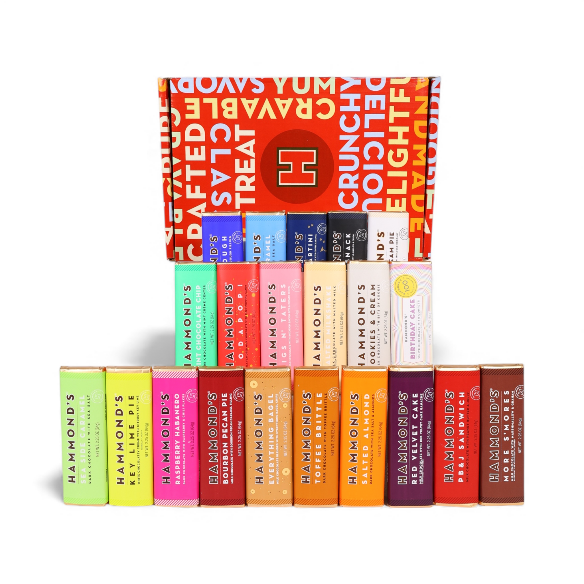 Hammond's candy bars displayed in front of hammond's gift box on white background