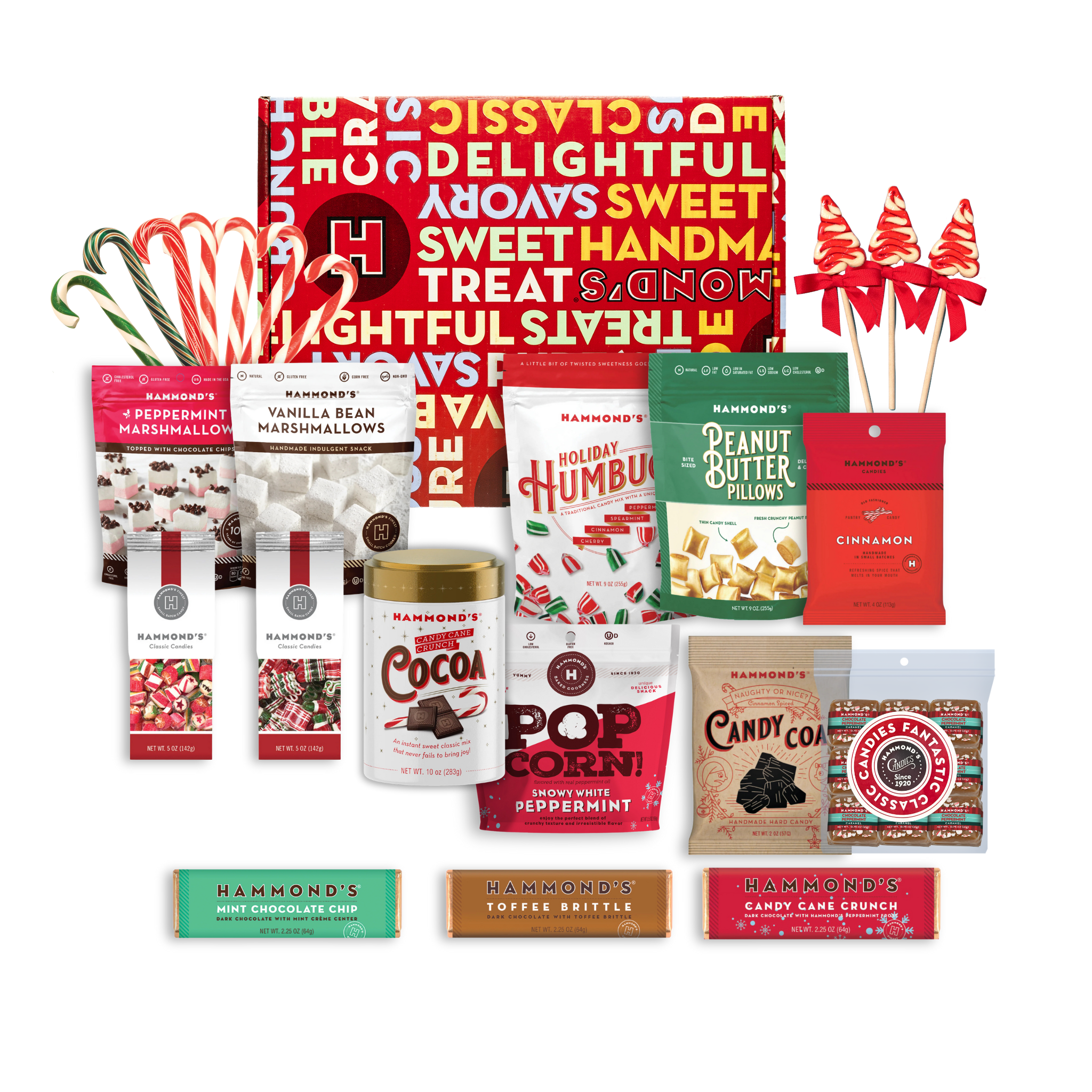 Assorted holiday treats including candy, marshmallows, and popcorn on a white background