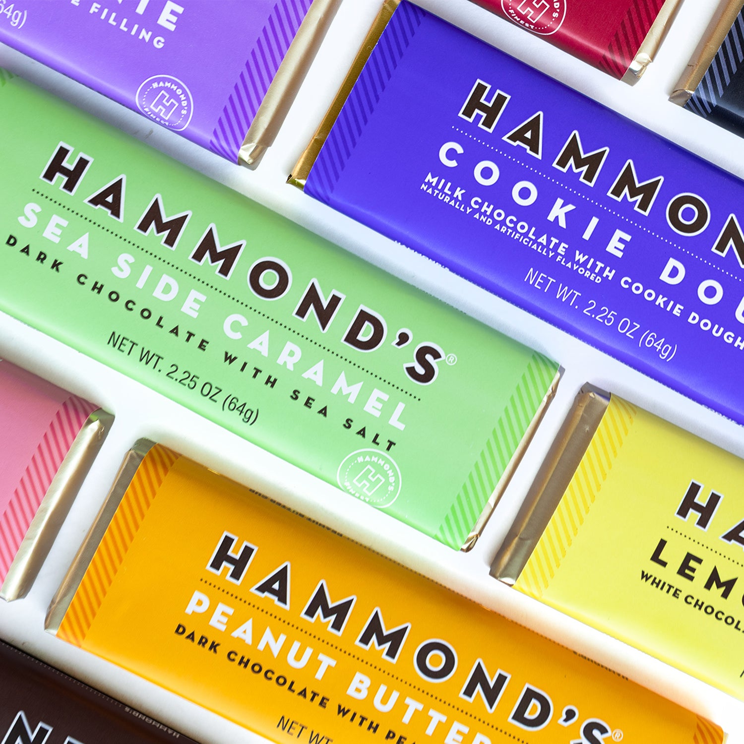 Collection of Hammond's chocolate bars with colorful packaging.
