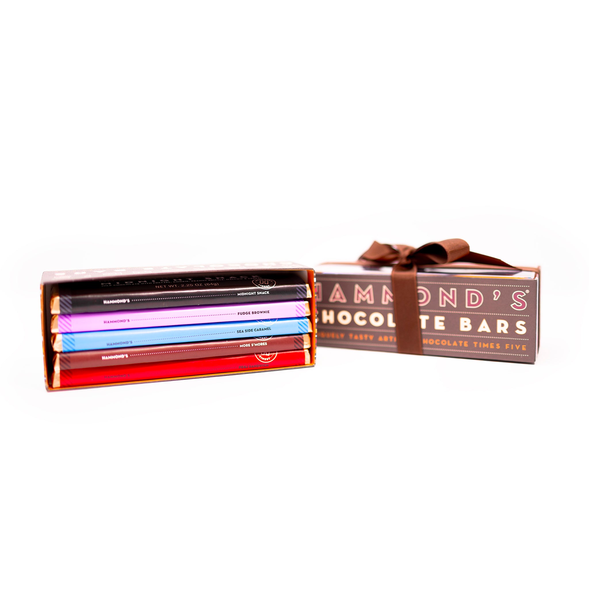 Pack of Hammond's chocolate bars with colorful packaging on a white background