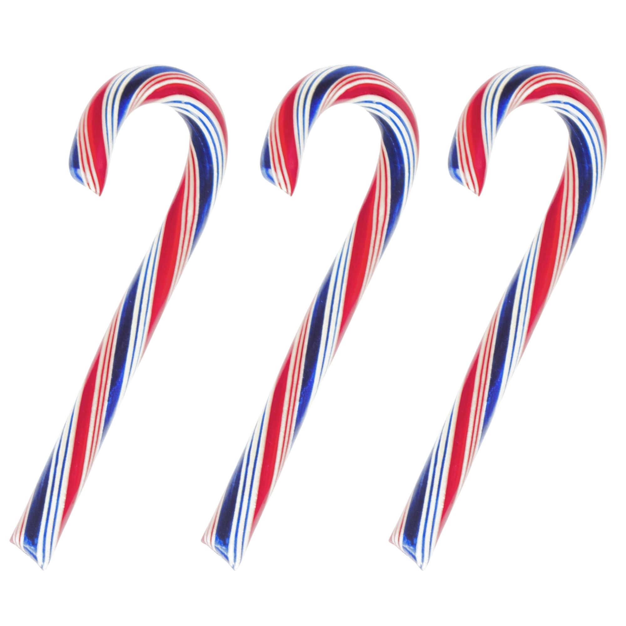 Three candy canes with red, white, and blue stripes on a white background
